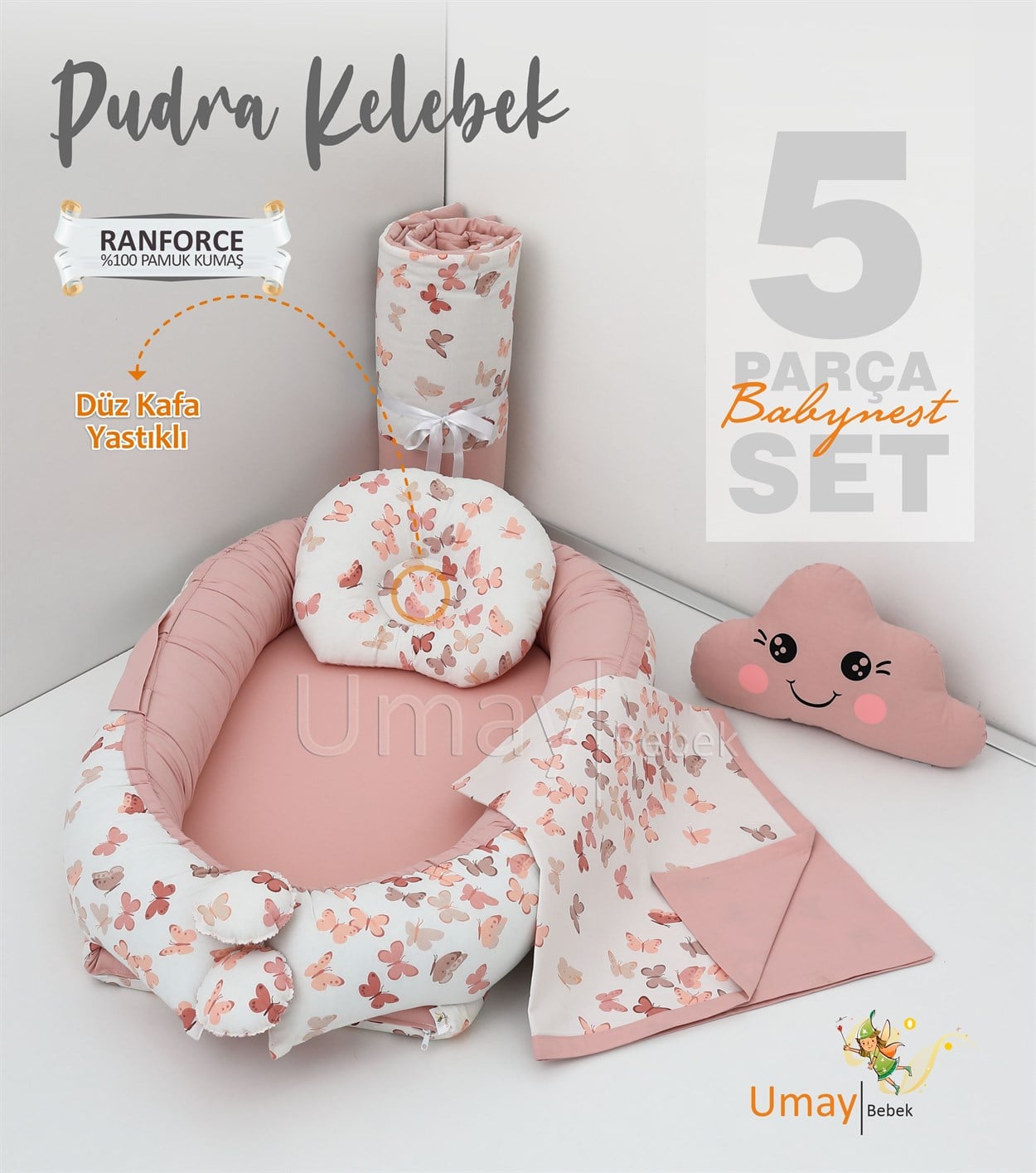 Umay Bebek5 parça Babynest, bebek pikesi, yorganı, dekoratif gülen yastık - Pudra Kelebek