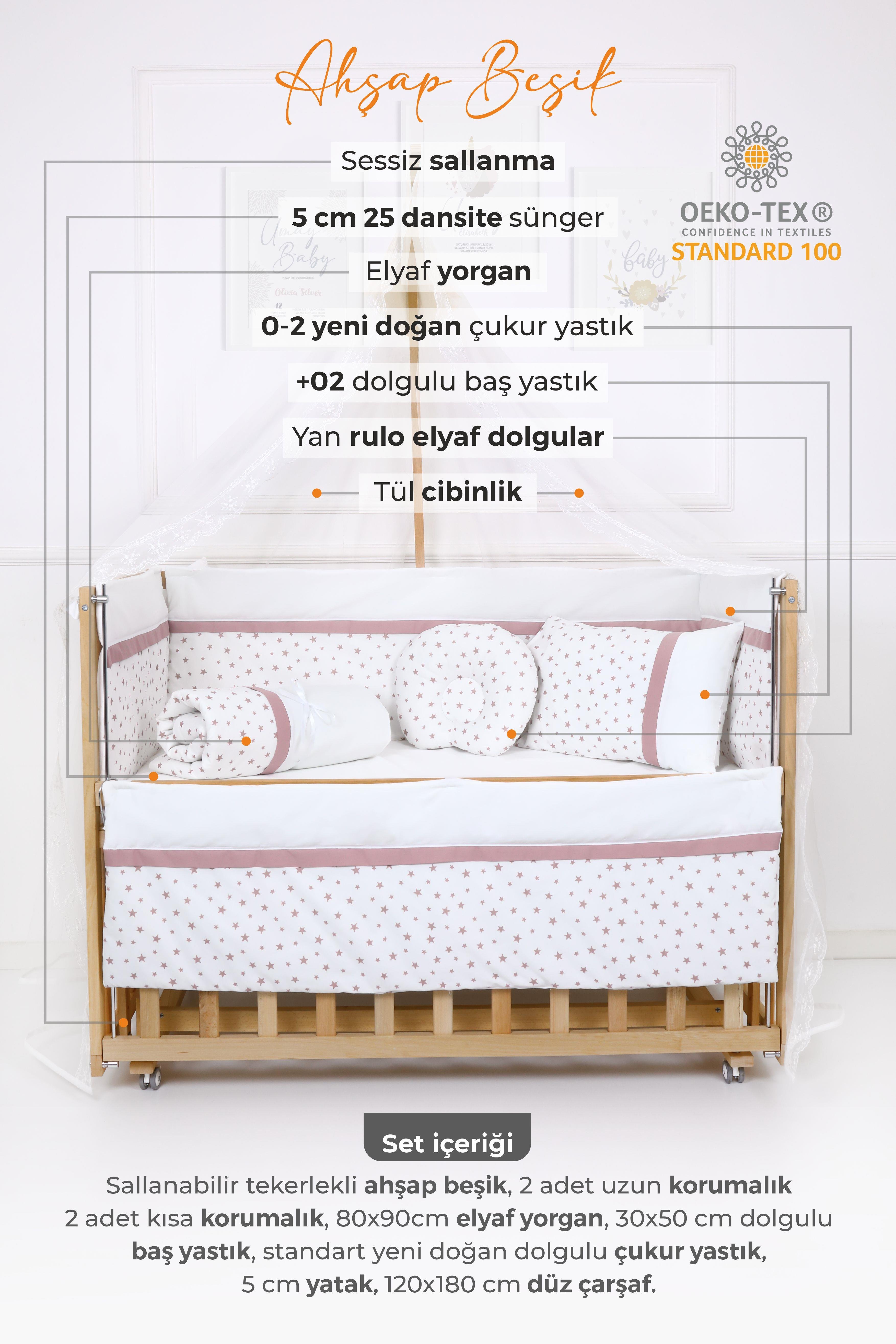 Umay BebekAhşap Beşik, Anne Yanı, Sallanır, Tekerlekli, Organik, Korumalıklı Uyku Seti - Pudra + Yatak 60x120 cm