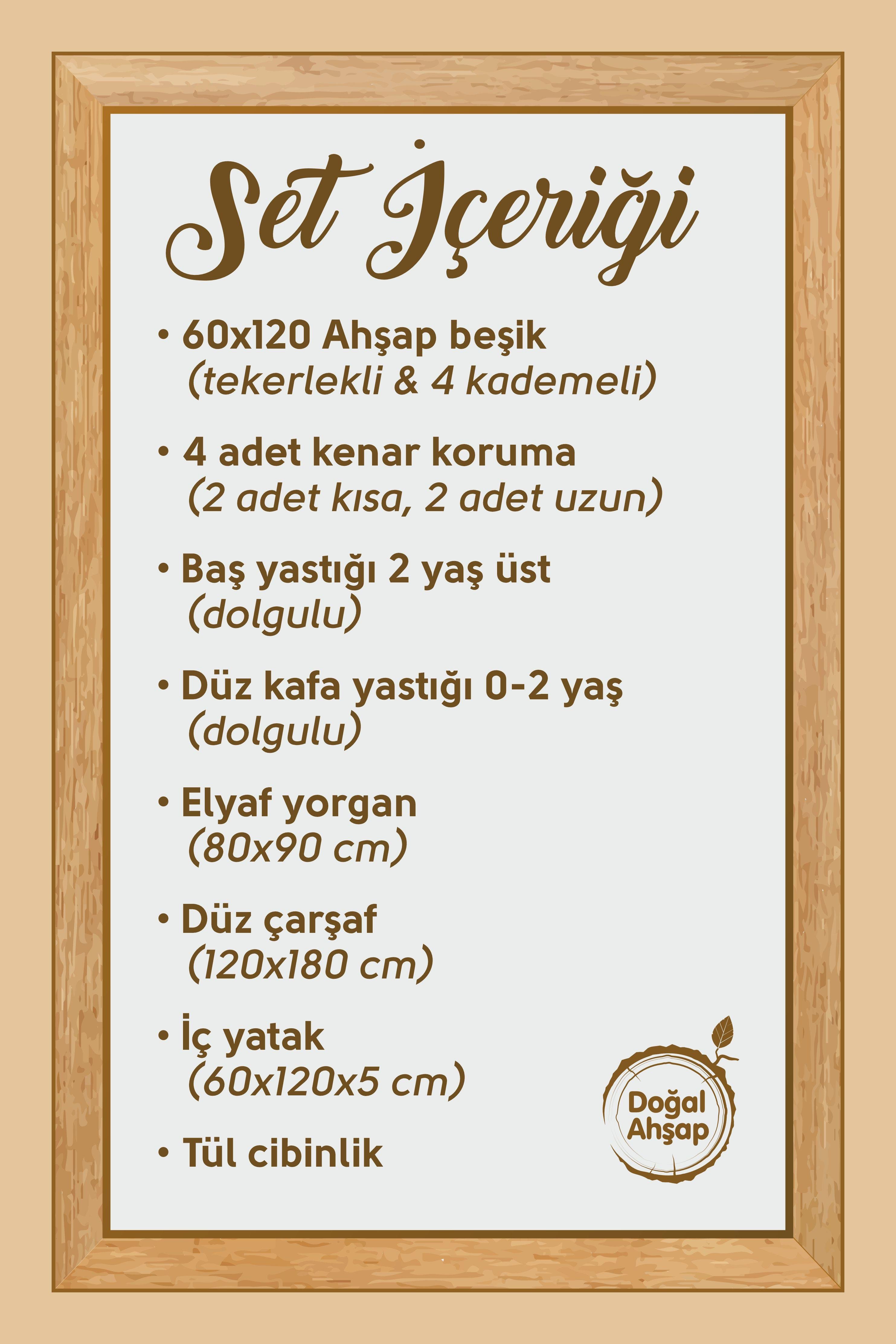 Umay BebekAhşap Beşik, Anne Yanı, Sallanır, Tekerlekli, Organik, Korumalıklı Uyku Seti - Pudra + Yatak 60x120 cm