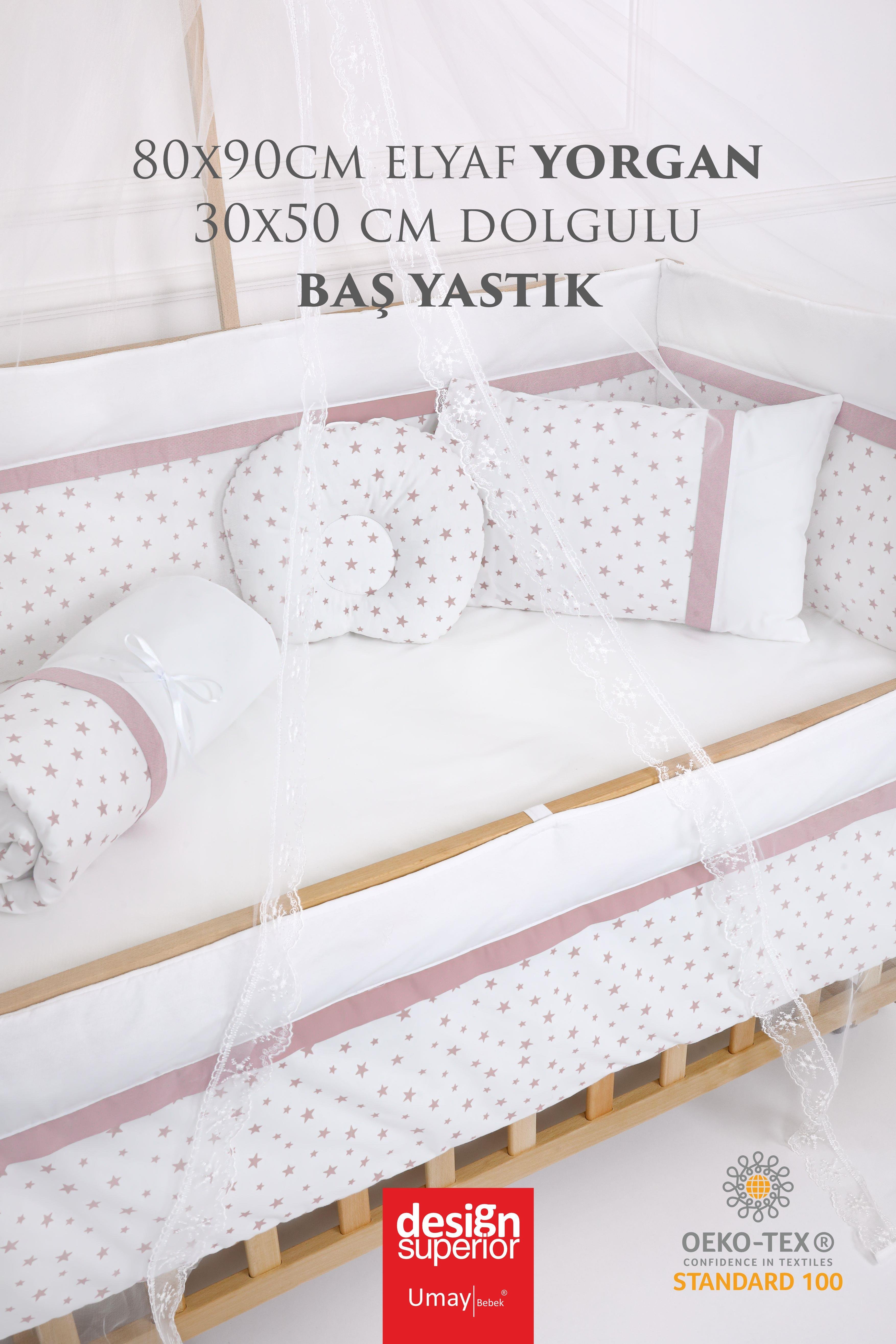 Umay BebekAhşap Beşik, Anne Yanı, Sallanır, Tekerlekli, Organik, Korumalıklı Uyku Seti - Pudra + Yatak 60x120 cm