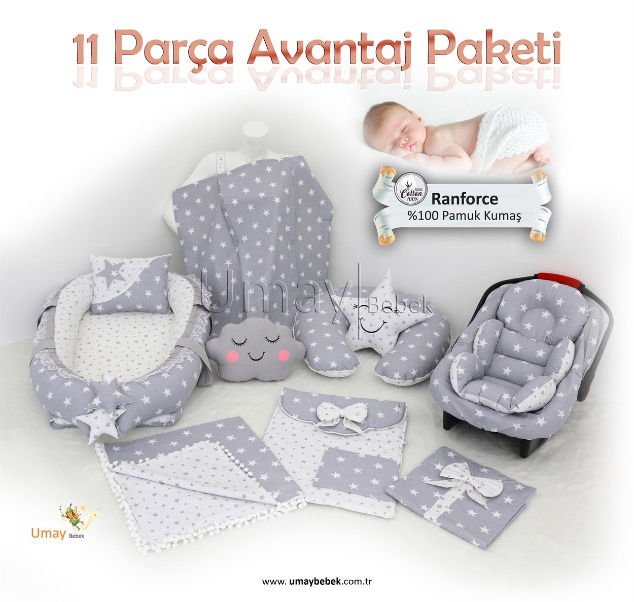 Umay BebekBabnest Set 11 parça - Gri yıldız