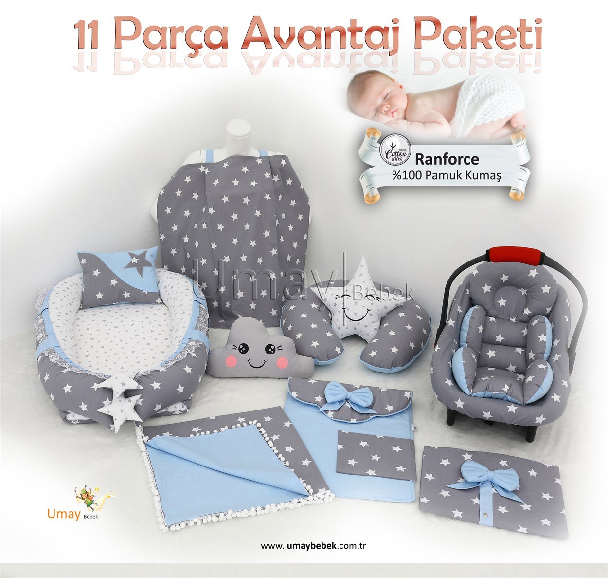 Umay BebekBabnest Set 11 parça - Mavi k.gri