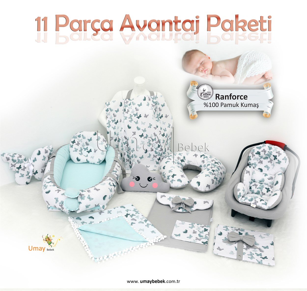 Umay BebekBabnest Set 11 parça - Yeşil Kelebek
