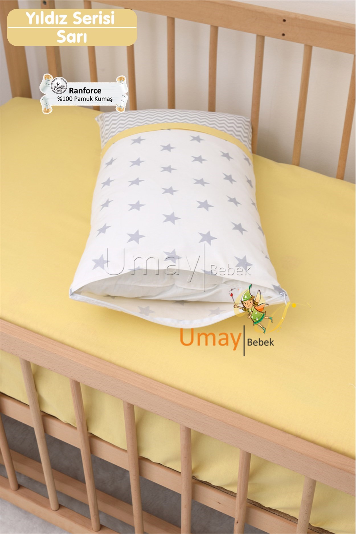 Umay BebekBebek Nevresim Takımı Lastikli Çarşaf %100 Pamuk Kumaş (Sarı Yıldız)