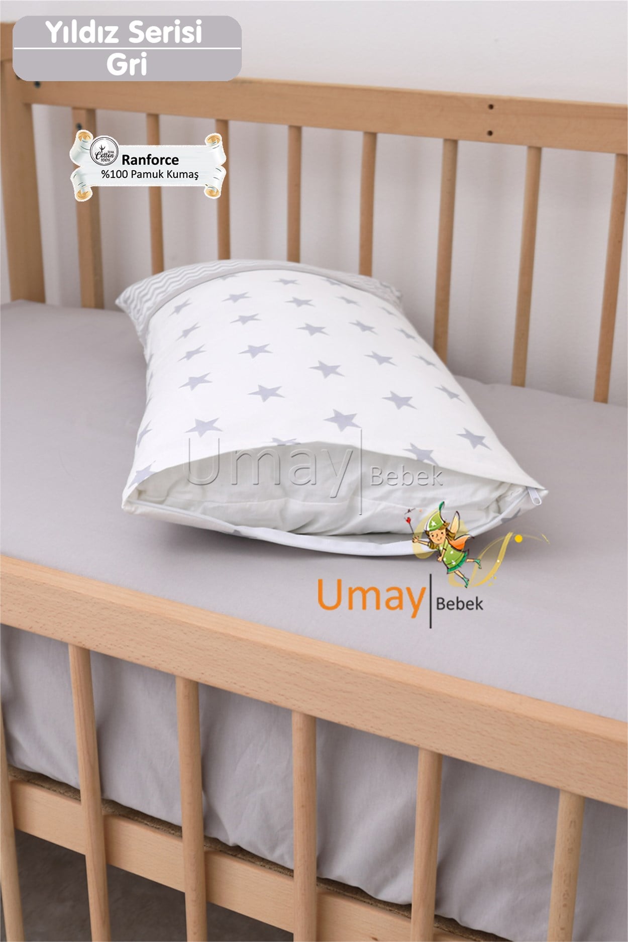 Umay BebekBebek Nevresim Takımı Lastikli Çarşaf %100 Pamuk Kumaş (Gri Yıldız)