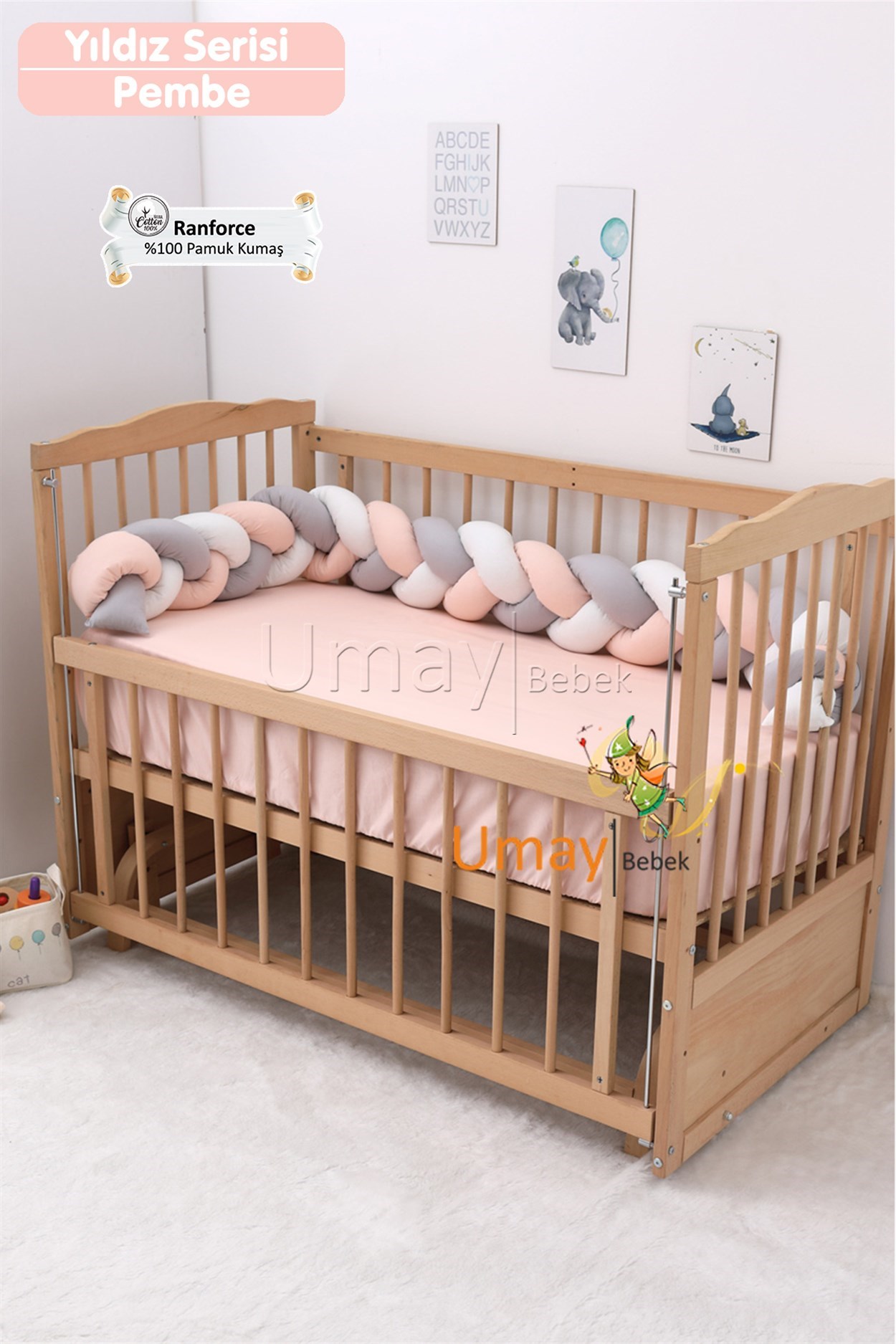 Umay BebekBebek Nevresim Takımı Lastikli Çarşaf %100 Pamuk Kumaş (Pembe Yıldız)