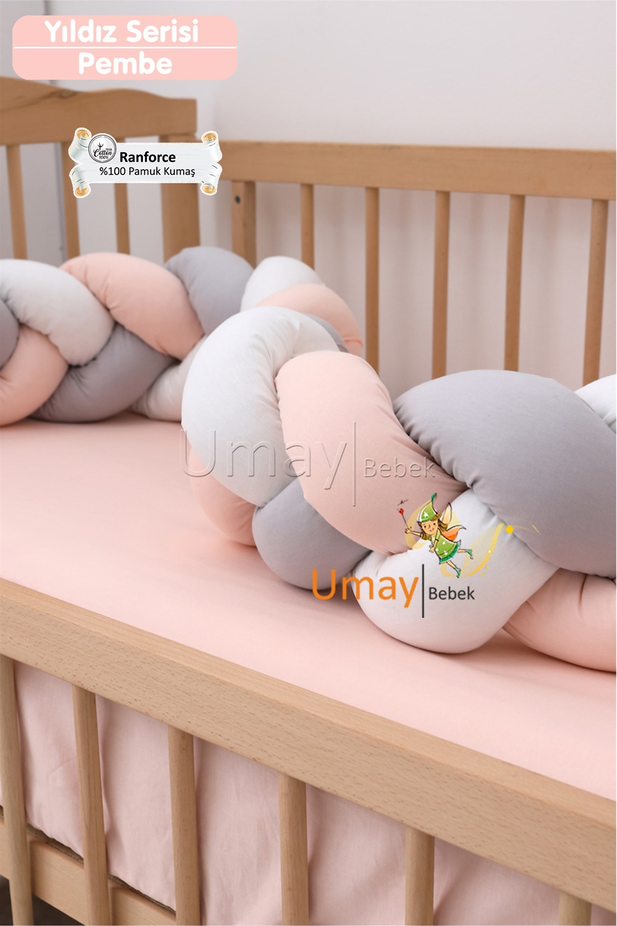 Umay BebekBebek Nevresim Takımı Lastikli Çarşaf %100 Pamuk Kumaş (Pembe Yıldız)