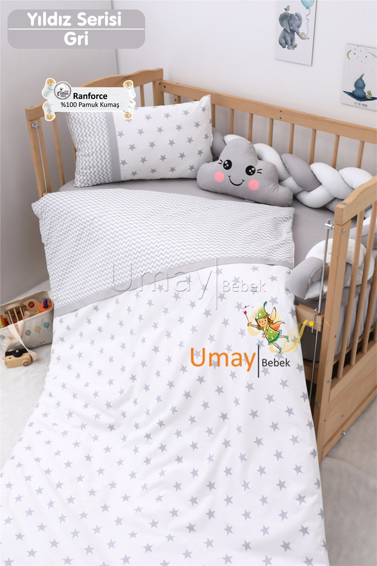Umay BebekBebek Nevresim Takımı Lastikli Çarşaf %100 Pamuk Kumaş (Gri Yıldız)
