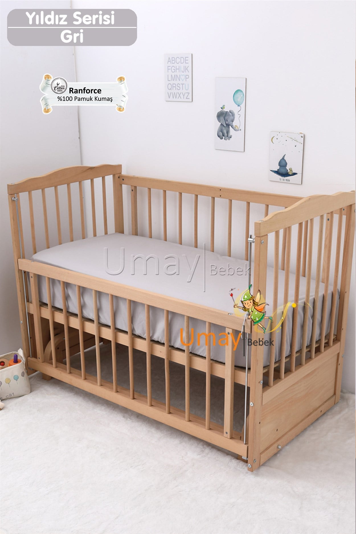 Umay BebekBebek Nevresim Takımı Lastikli Çarşaf %100 Pamuk Kumaş (Gri Yıldız)