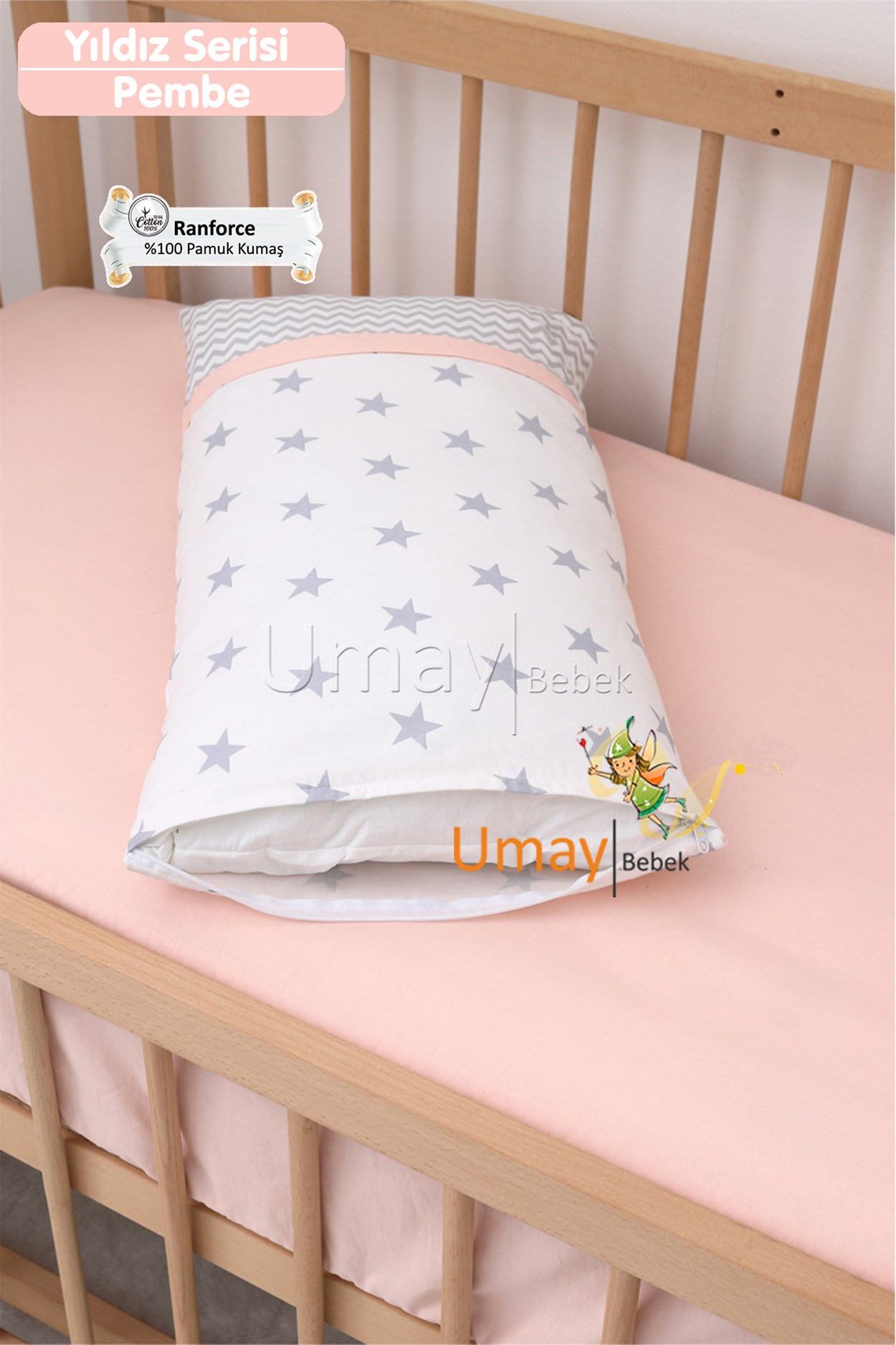 Umay BebekBebek Nevresim Takımı Lastikli Çarşaf %100 Pamuk Kumaş (Pembe Yıldız)