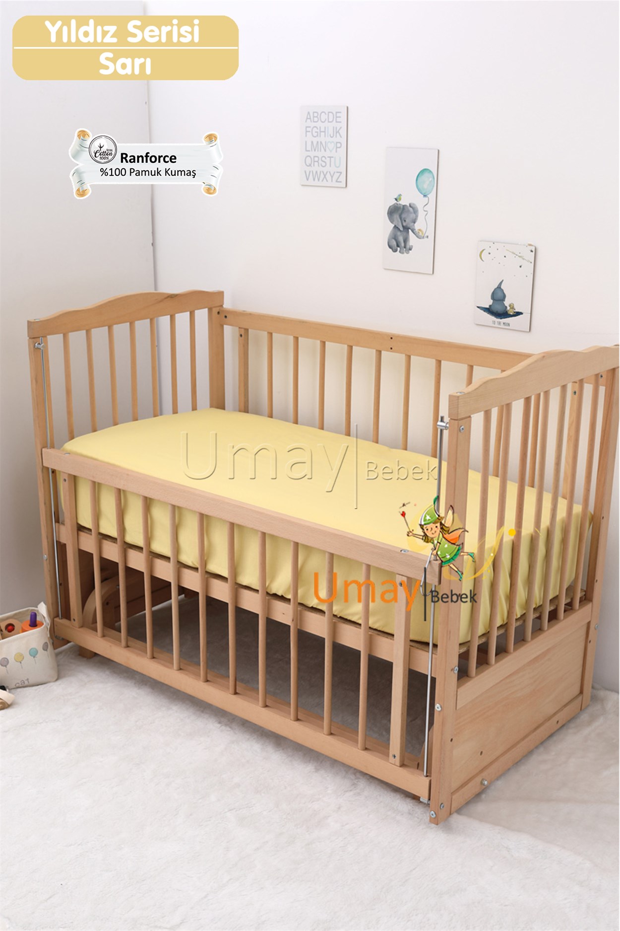 Umay BebekBebek Nevresim Takımı Lastikli Çarşaf %100 Pamuk Kumaş (Sarı Yıldız)