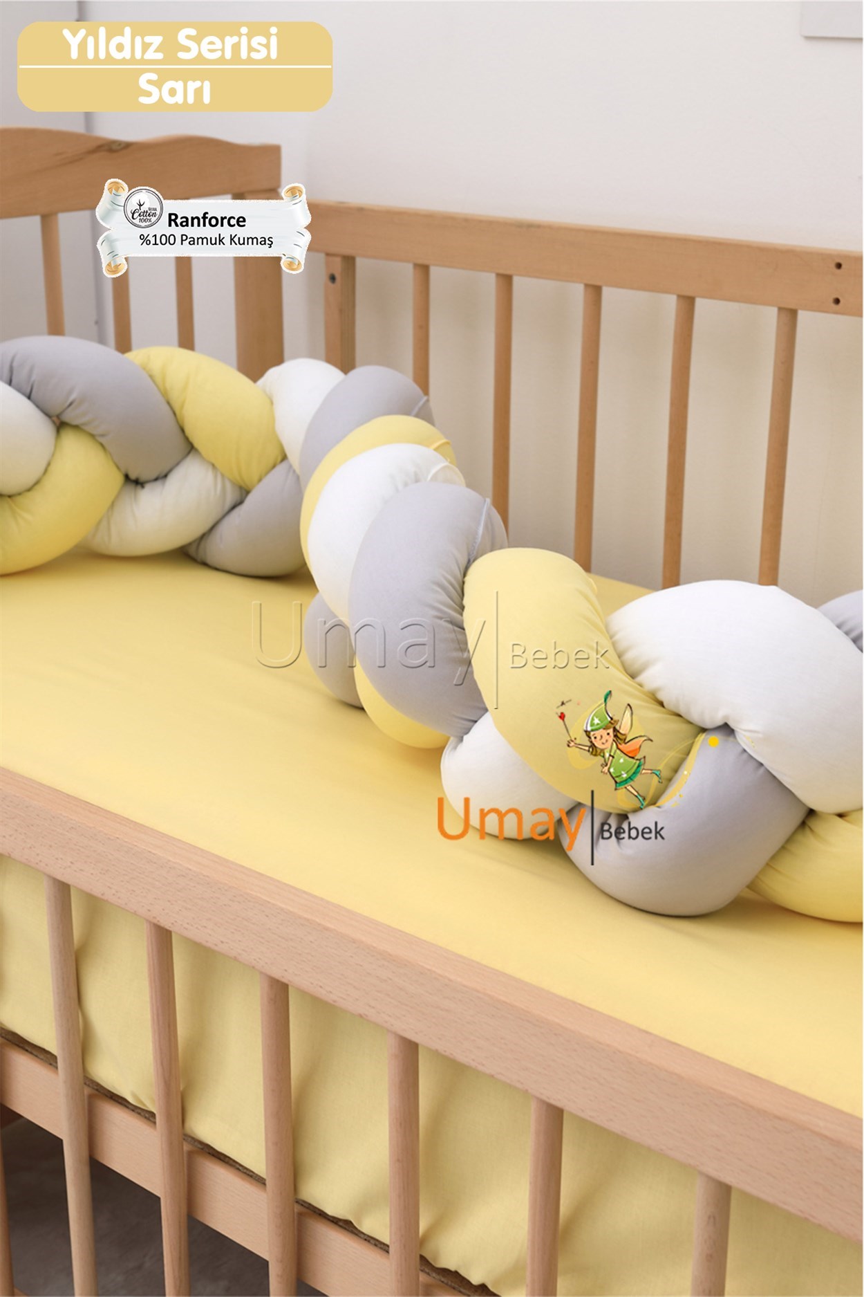 Umay BebekBebek Nevresim Takımı Lastikli Çarşaf %100 Pamuk Kumaş (Sarı Yıldız)