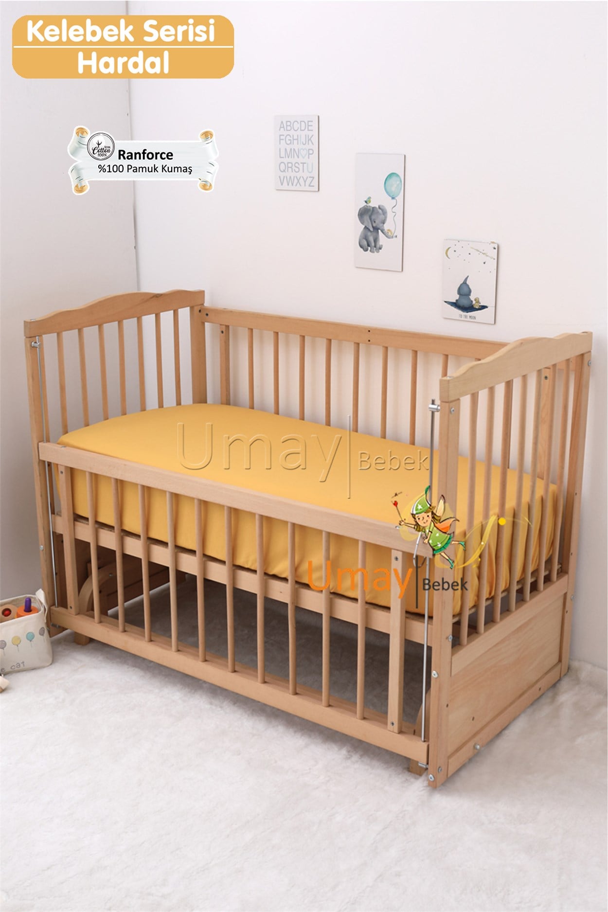 Umay BebekBebek Nevresim Takımı Lastikli Çarşaf %100 Pamuk Kumaş (Hardal Kelebek)