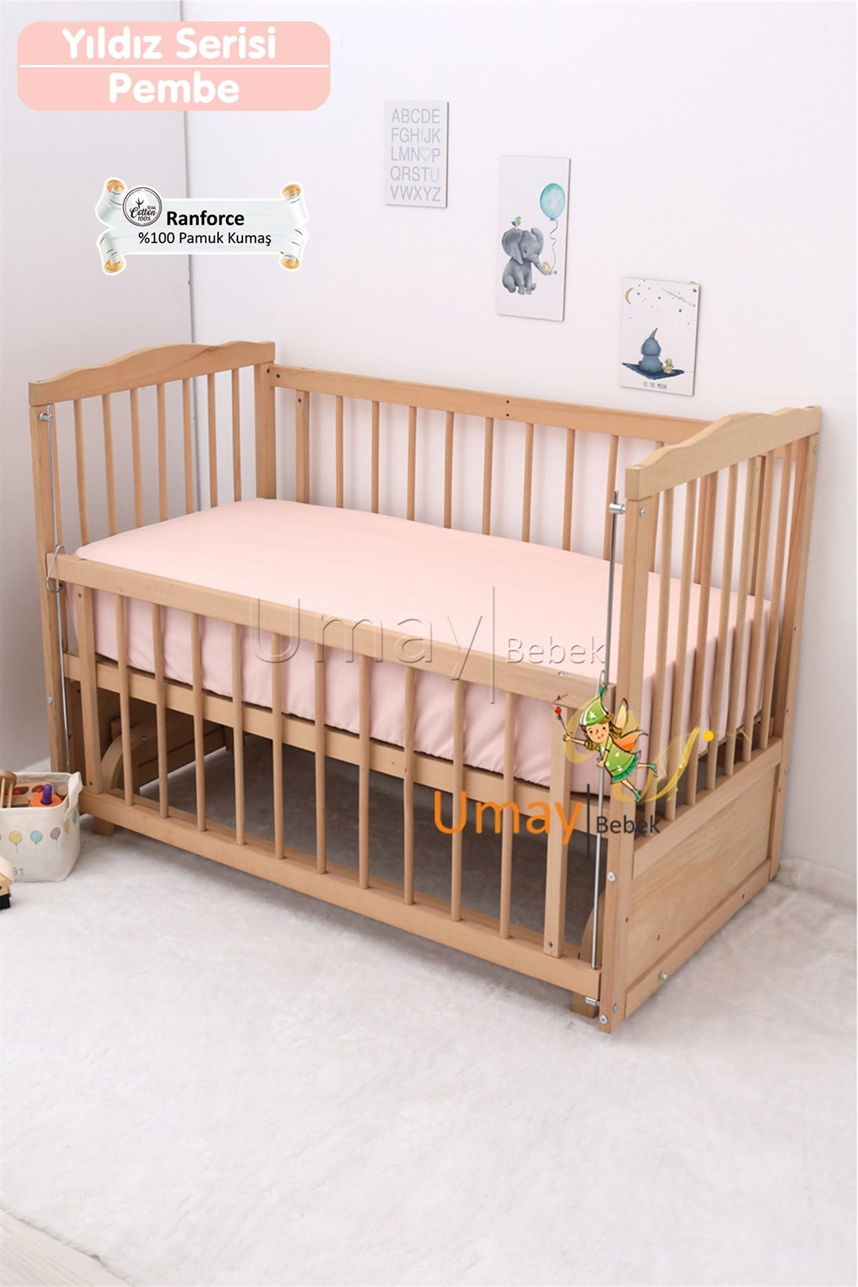 Umay BebekBebek Nevresim Takımı Lastikli Çarşaf %100 Pamuk Kumaş (Pembe Yıldız)