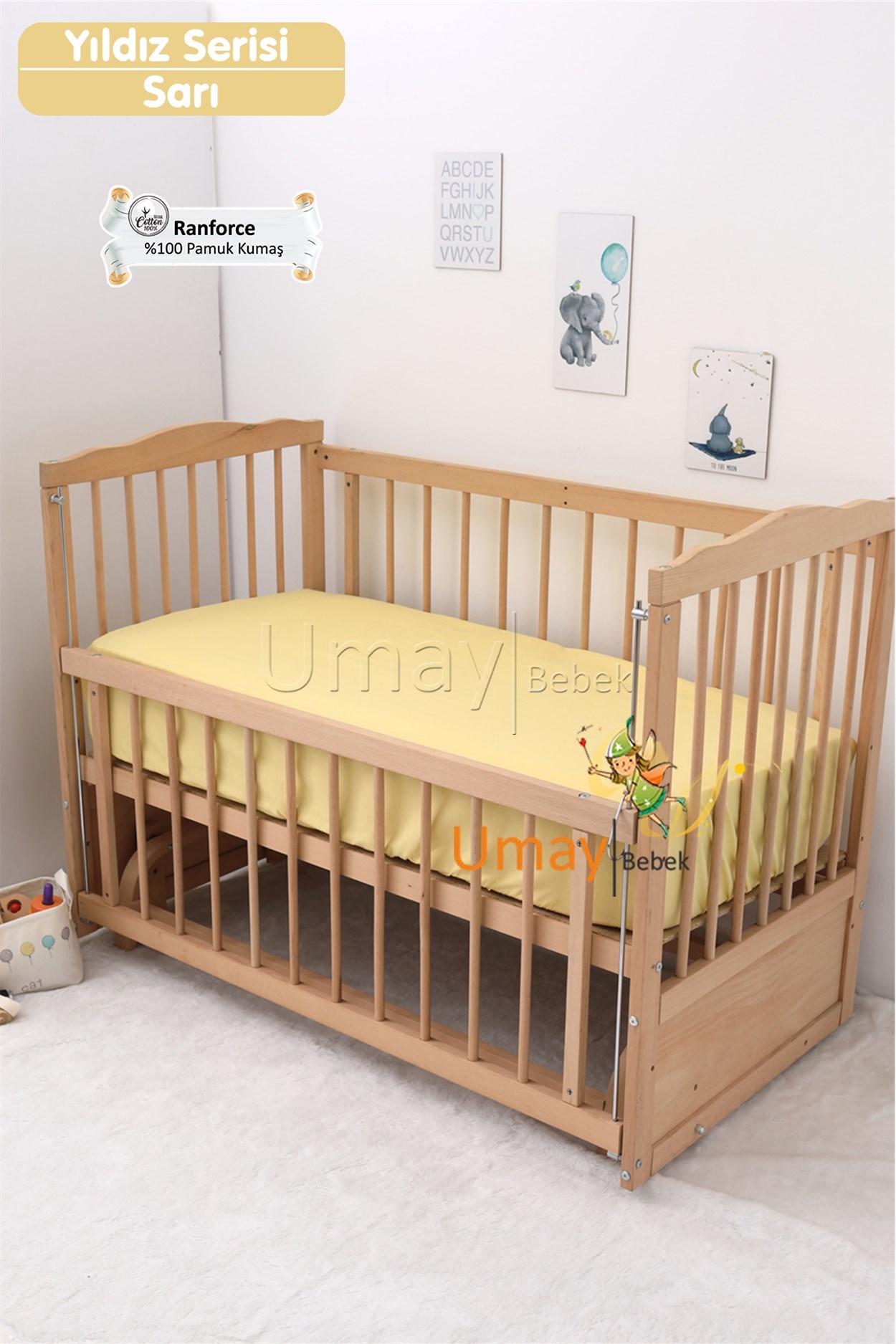 Umay BebekBebek Nevresim Takımı Lastikli Çarşaf %100 Pamuk Kumaş (Sarı Yıldız)