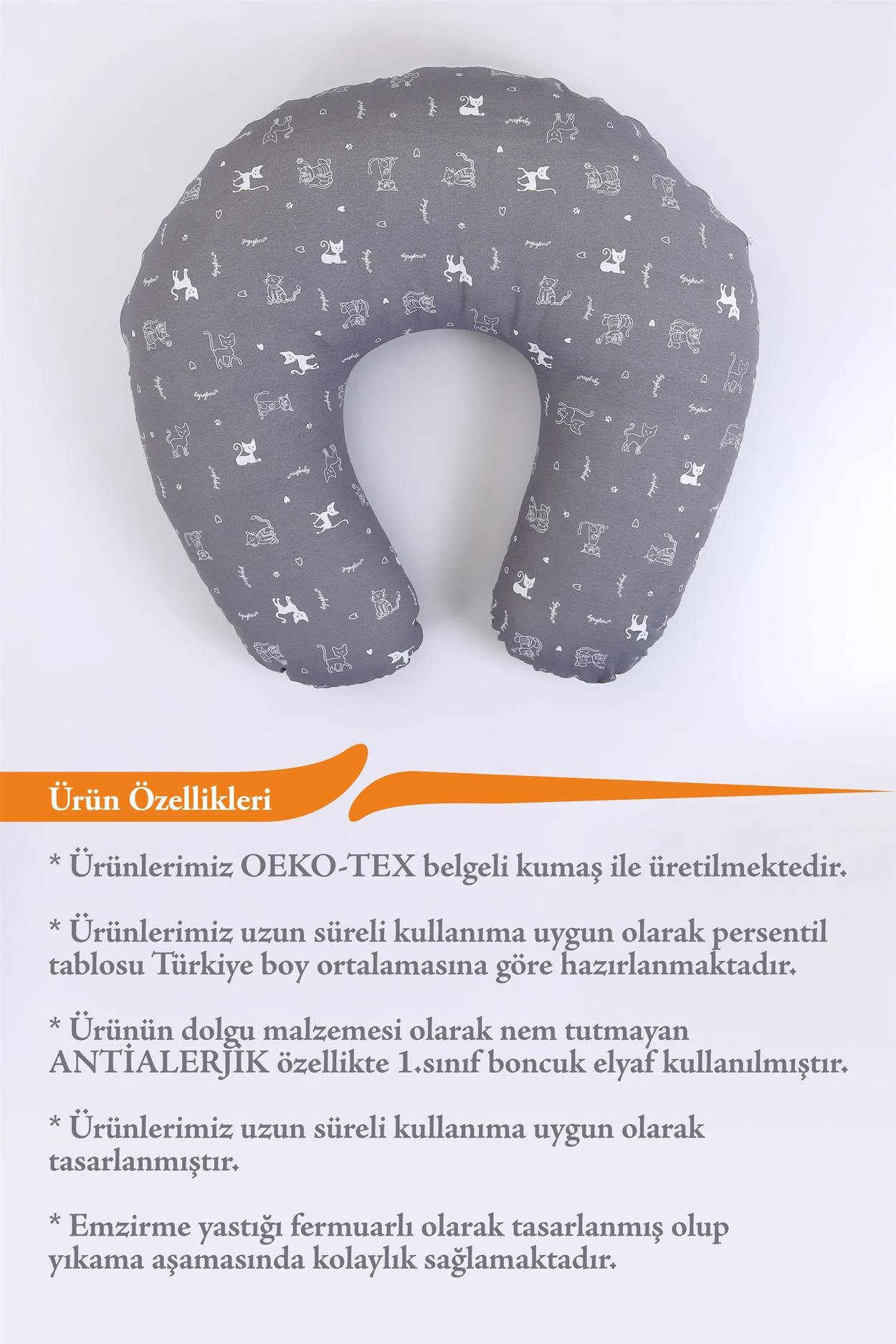 Umay BebekEmzirme Yastığı Emzirme Önlüğü Set (Gri Kedi)