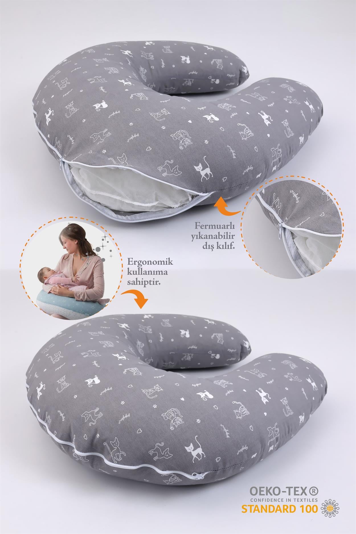 Umay BebekEmzirme Yastığı Emzirme Önlüğü Set (Gri Kedi)