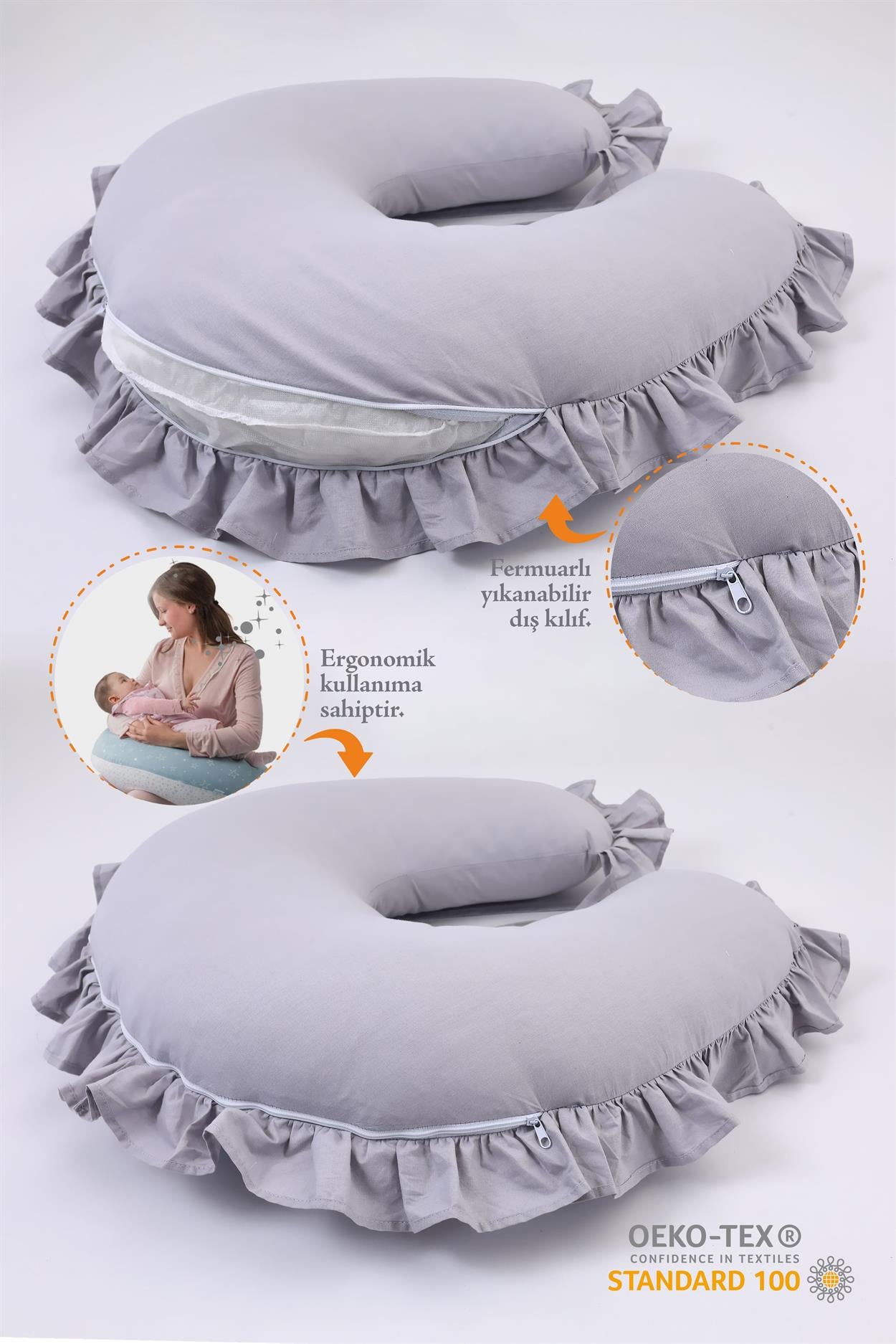 Umay BebekEmzirme Yastığı Emzirme Önlüğü Set (Gri Fırfırlı)