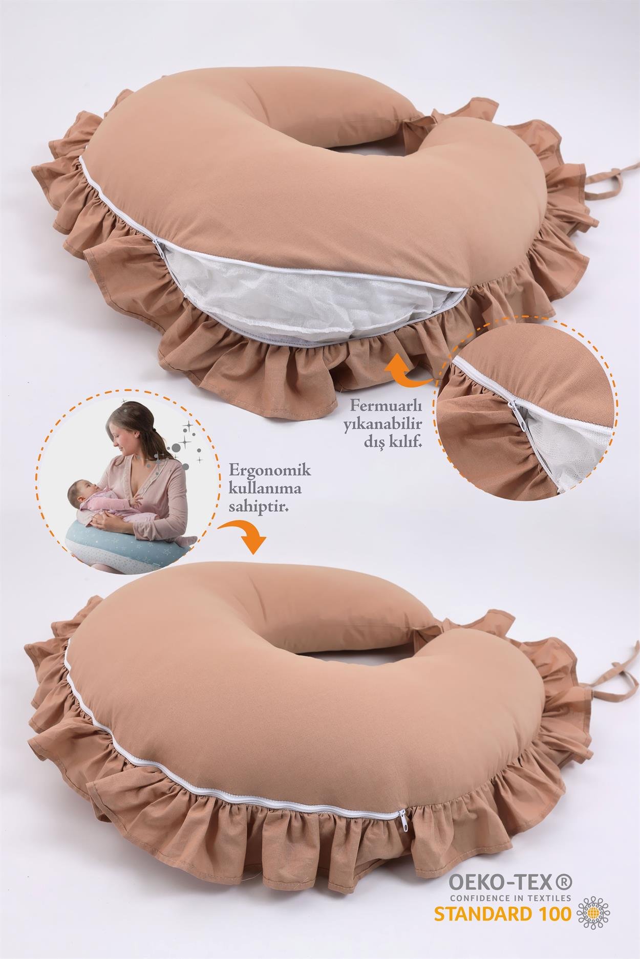 Umay BebekEmzirme Yastığı Emzirme Önlüğü Set (Kahve Fırfırlı)