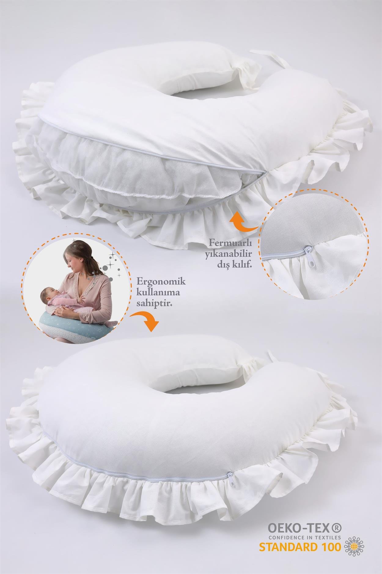 Umay BebekEmzirme Yastığı Emzirme Önlüğü Set (Krem Fırfırlı)