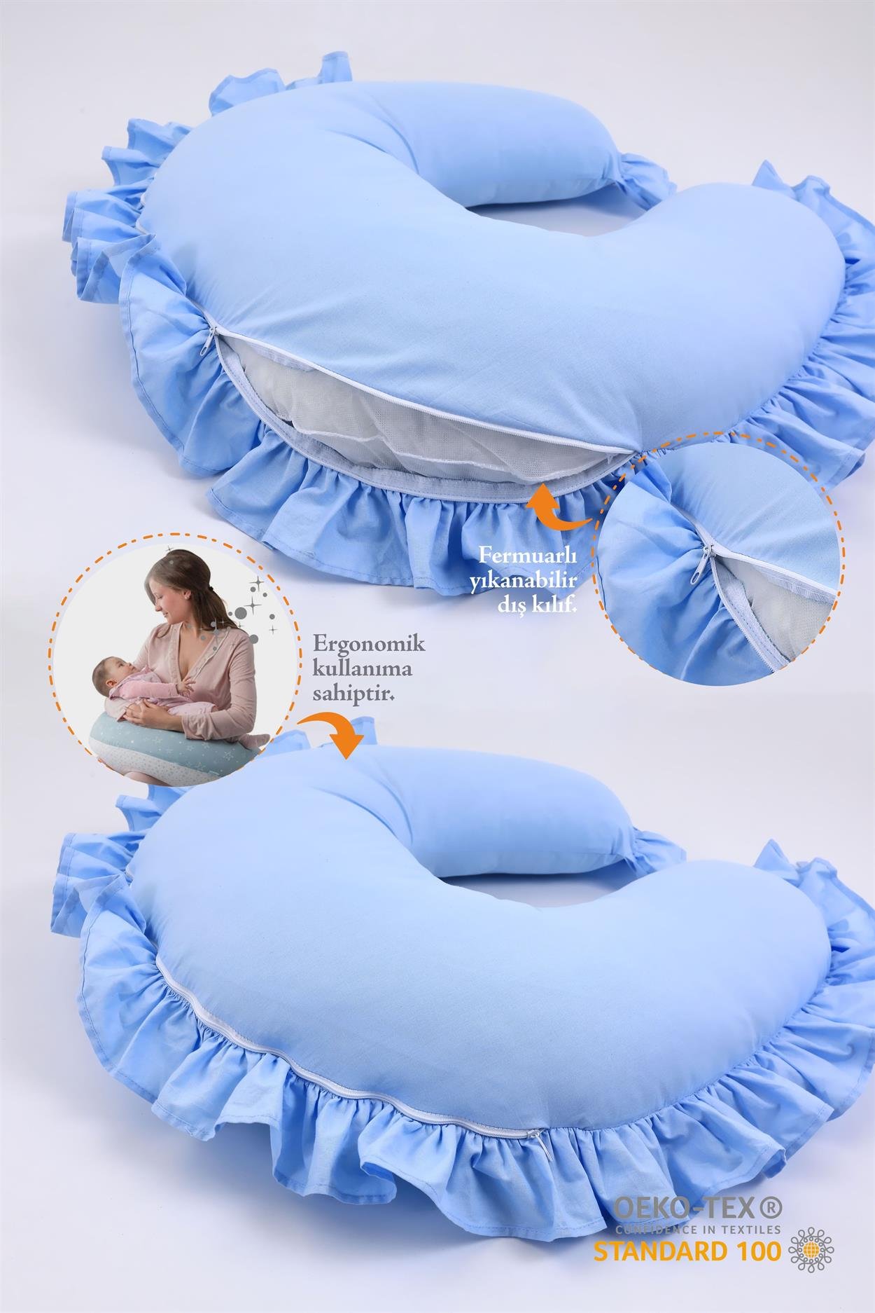 Umay BebekEmzirme Yastığı Emzirme Önlüğü Set (Mavi Fırfırlı)