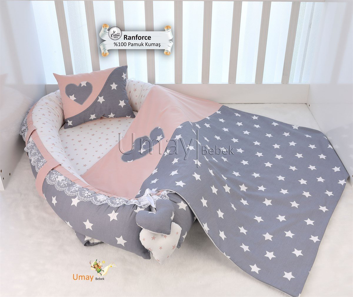 Umay BebekK.Gri Pudra - Yıldızlı Babynest Bebek Yatağı ve Polar Battaniyesi