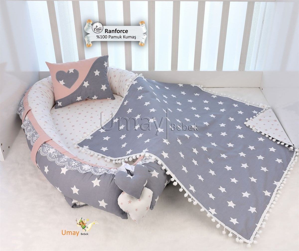 Umay BebekK.Gri Pudra - Yıldızlı Babynest Bebek Yatağı ve Pikesi