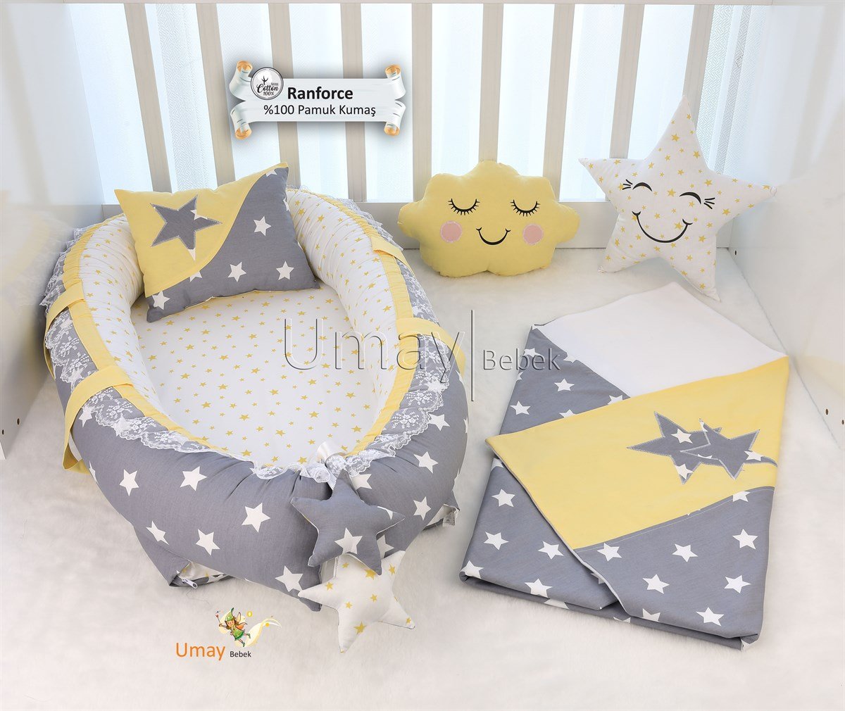 Umay BebekK.Gri Sarı - Yıldızlı Babynest Bebek Yatak Takımı Polar Battaniyeli