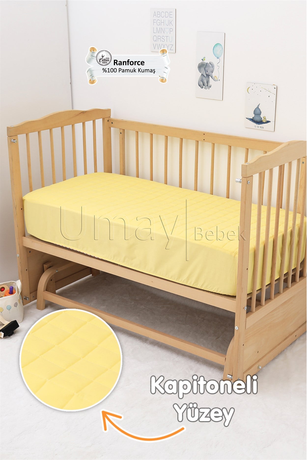 Umay BebekKapitoneli Lastikli Çarşaf Beşik Çarşafı %100 Pamuk (Sarı)