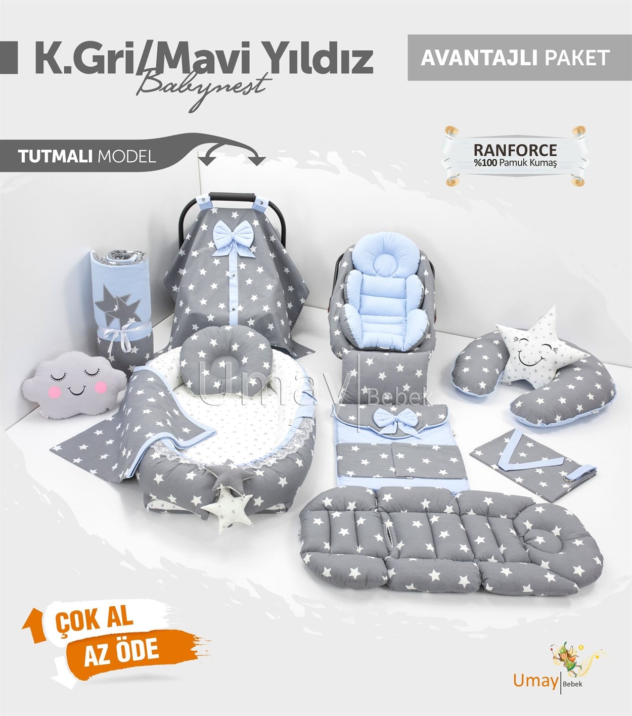 Umay BebekKoyu Gri/Mavi Yıldızlı Komple Set