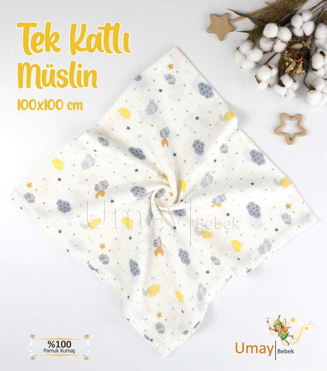 Umay BebekOrganik tek katlı müslin pike, battaniye, ter bezi, ağız bezi, banyo - Sarı Bulut