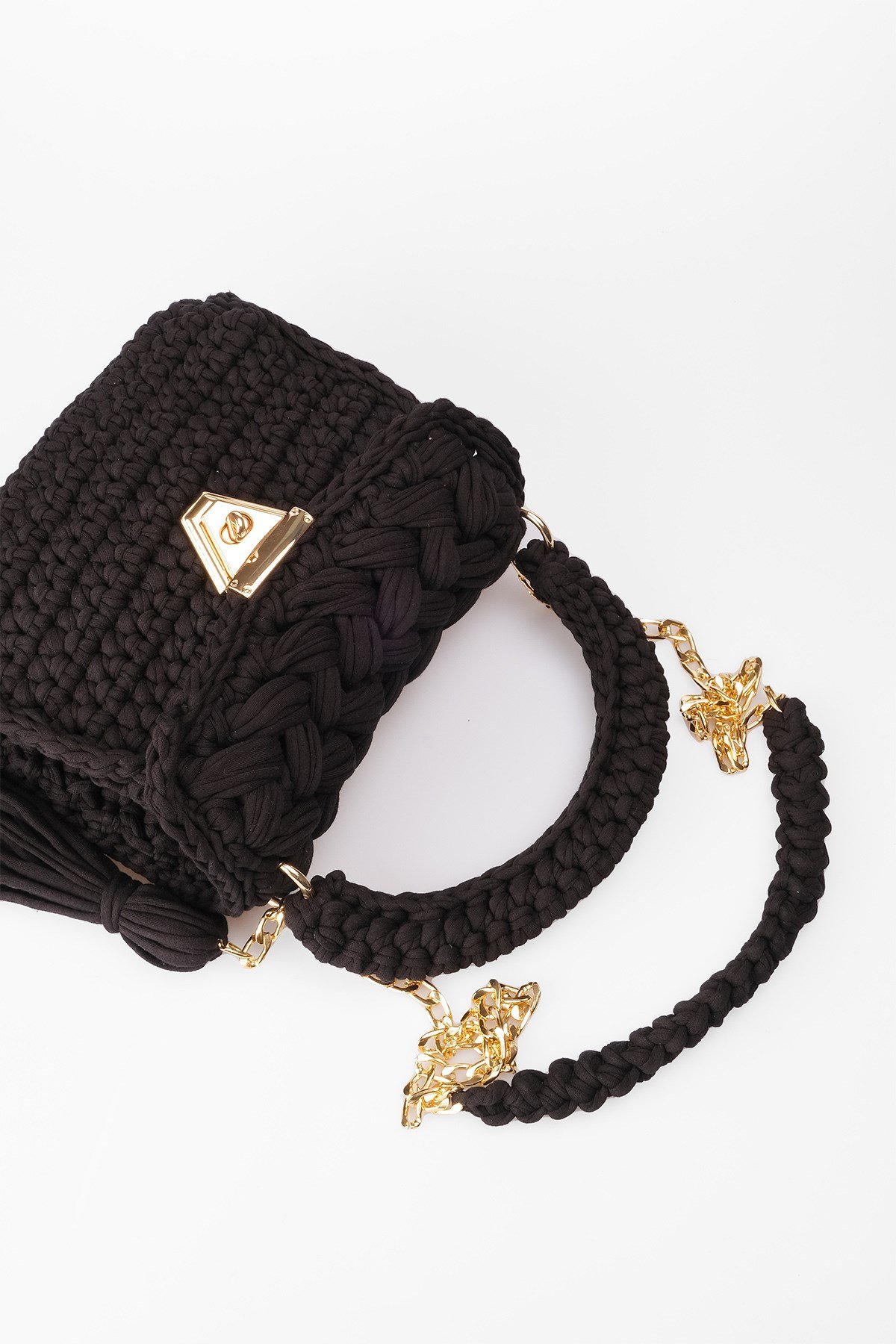  Siyah Renk Örgü El Yapımı Özel Tasarım Zincirli El ve Omuz Kadın Çanta -ÇANTA-Mio Gusto-C0014BLK