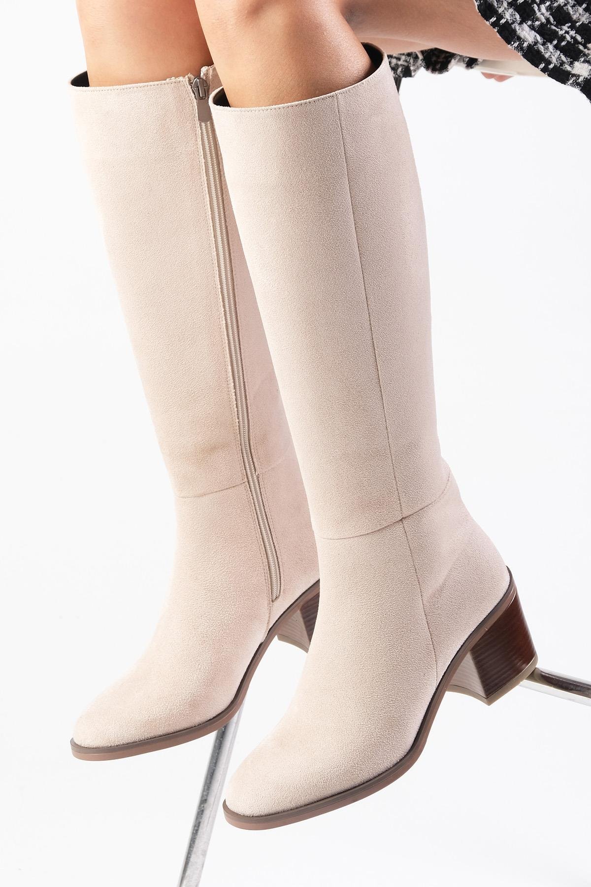 Albertine Bej Renk Kalın Topuklu Fermuarlı Çizme-ÇİZME-Mio Gusto-01565BES