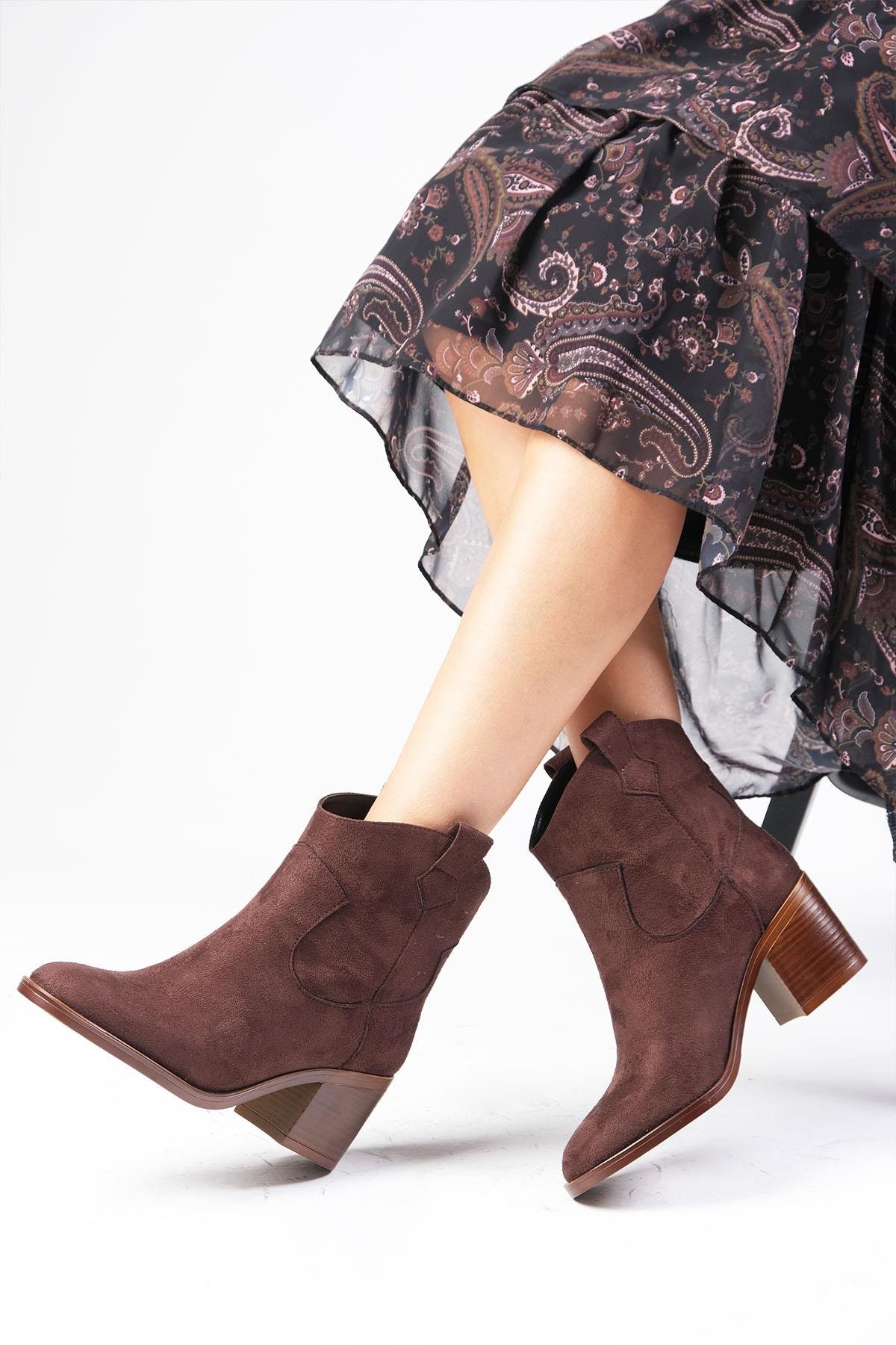 Alessia Western Kahverengi Topuklu Bot-Kalın Topuk-Mio Gusto-01563BRS