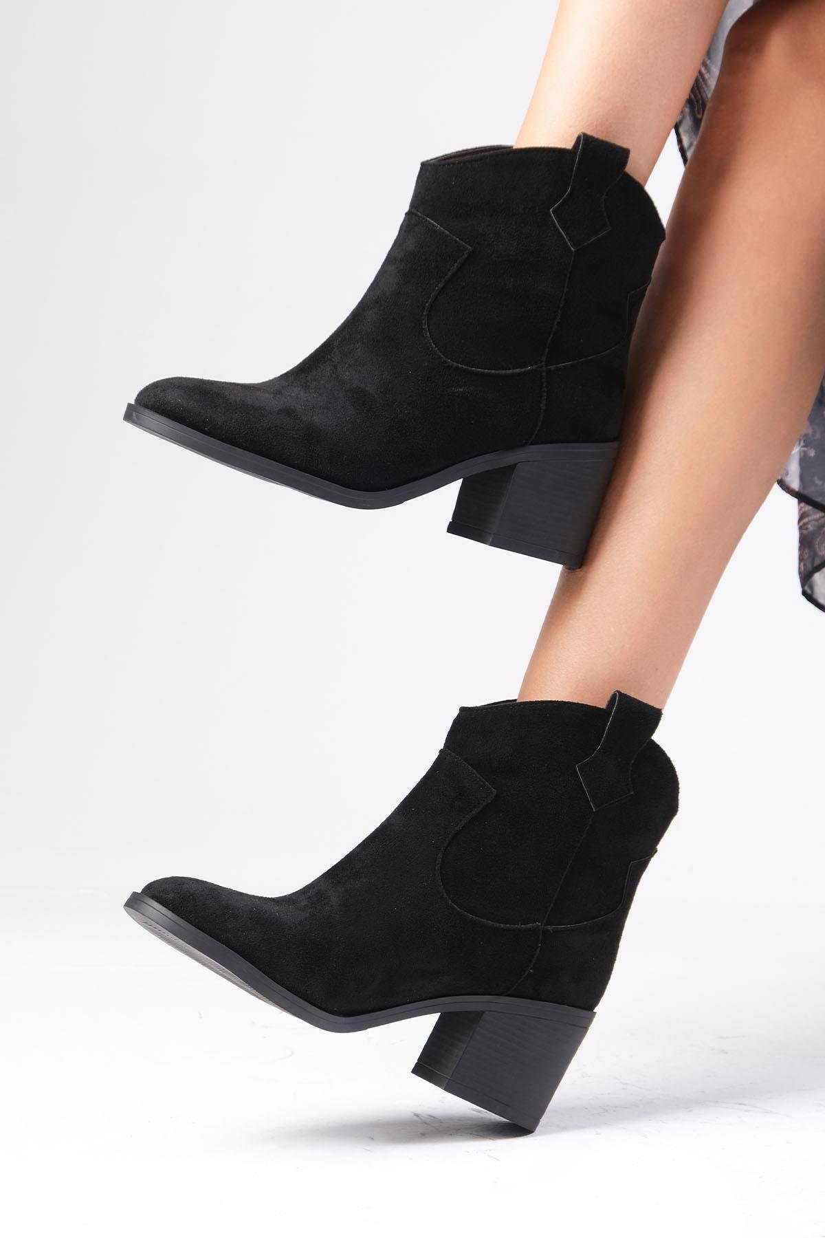 Alessia Western Siyah Renk Topuklu Bot-Kalın Topuk-Mio Gusto-01563BLS