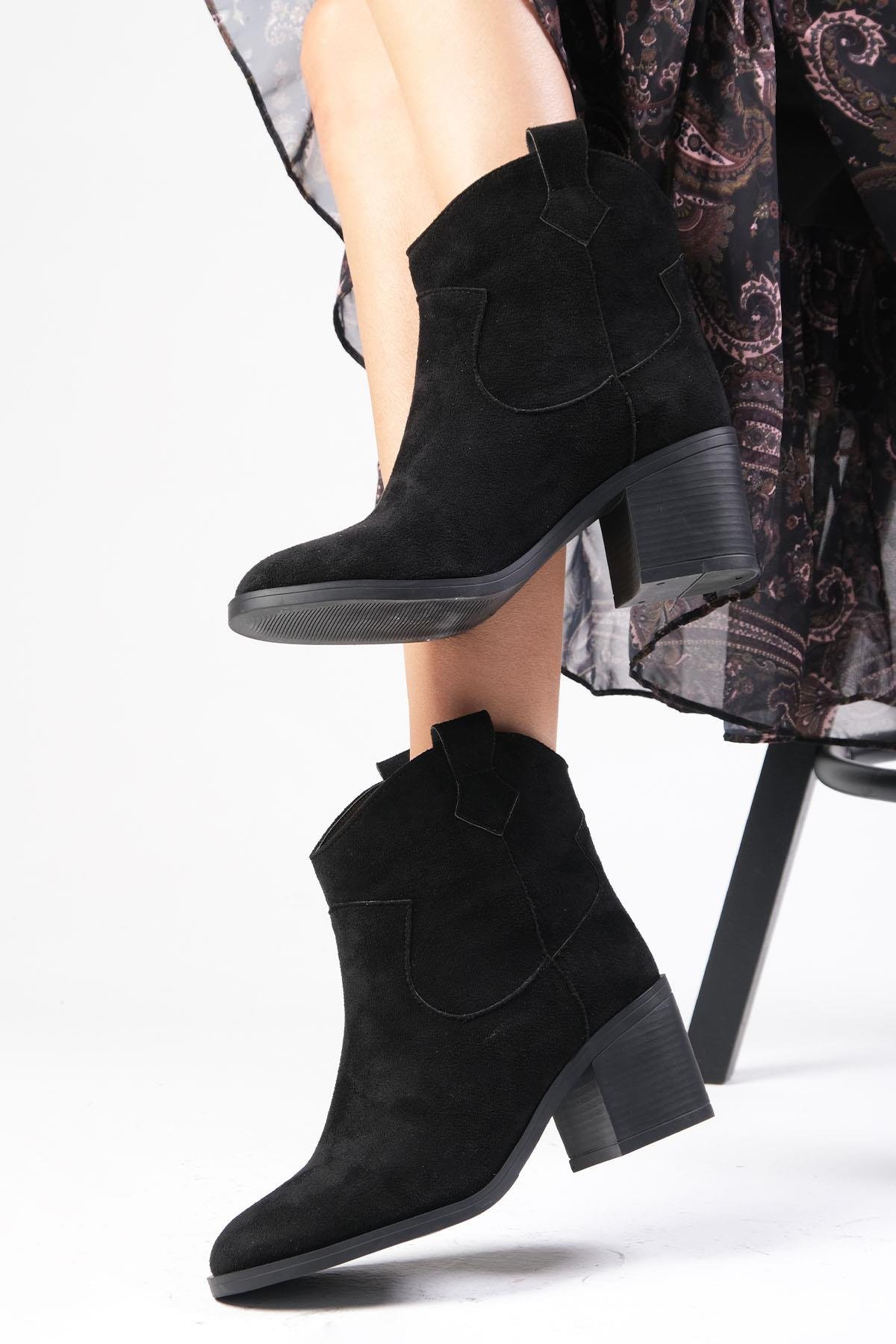 Alessia Western Siyah Renk Topuklu Bot-Kalın Topuk-Mio Gusto-01563BLS