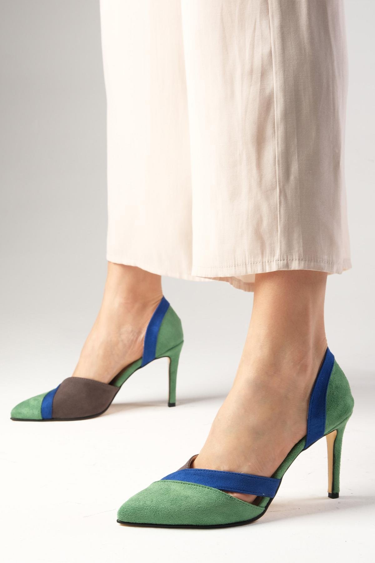 Anita Yeşil Süet Renk Bloklu Topuklu Ayakkabı-Yüksek Topuklu-Mio Gusto-02126GRN
