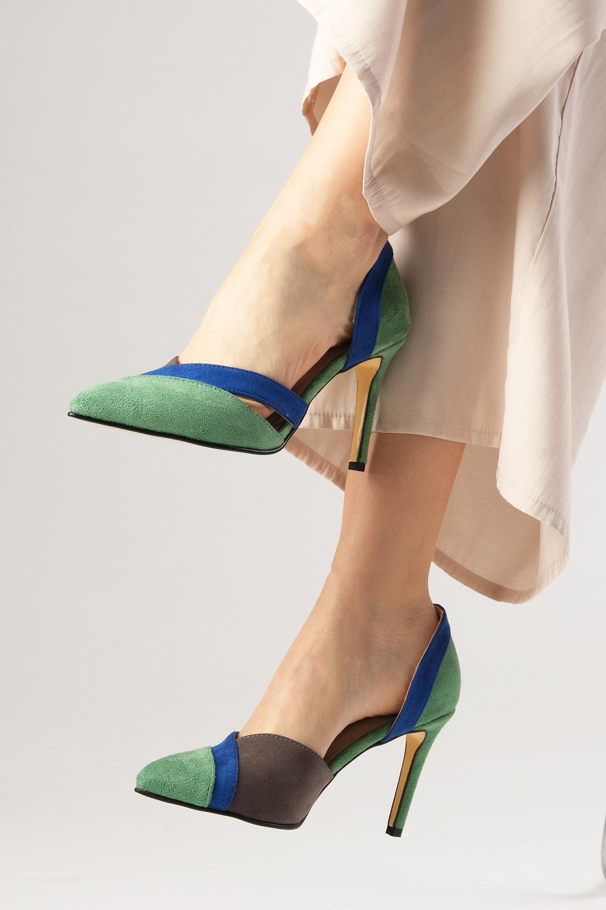 Anita Yeşil Süet Renk Bloklu Topuklu Ayakkabı-Yüksek Topuklu-Mio Gusto-02126GRN