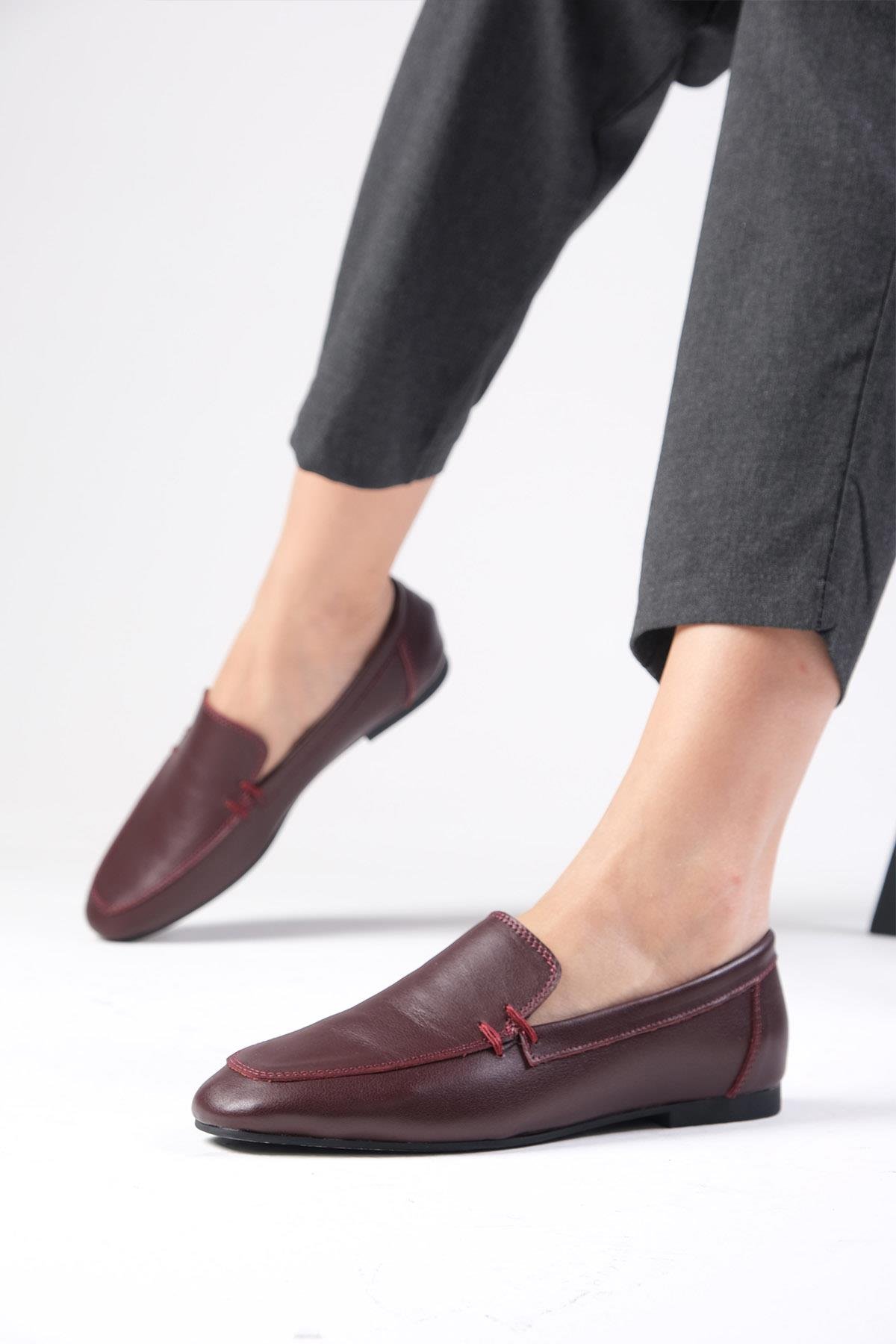 Aria Hakiki Deri Bordo Renk Loafer-Casual-Mio Gusto-01561WRC