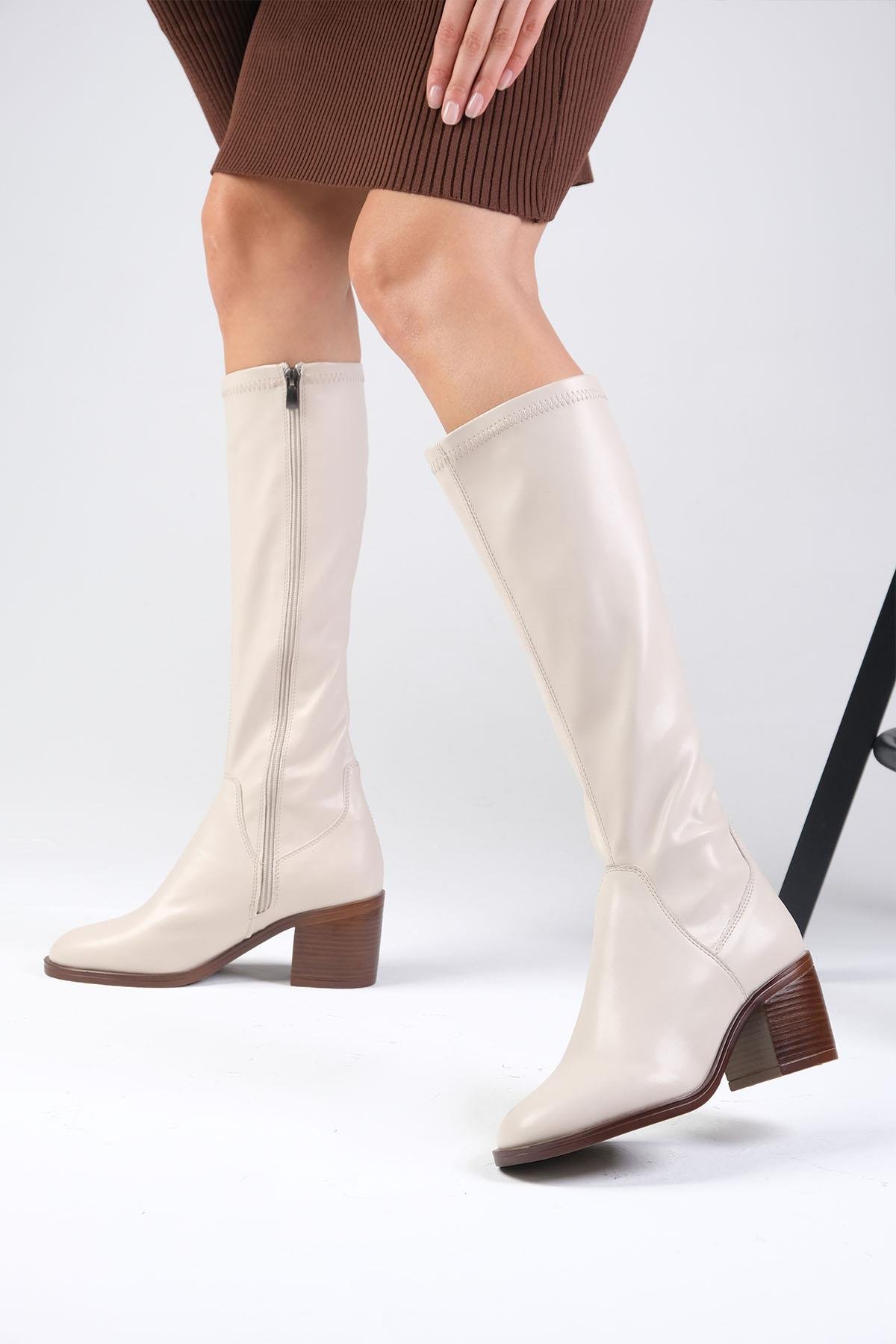 Armande Ten Renk Kalın Topuklu Streç Çizme-ÇİZME-Mio Gusto-01567NUC