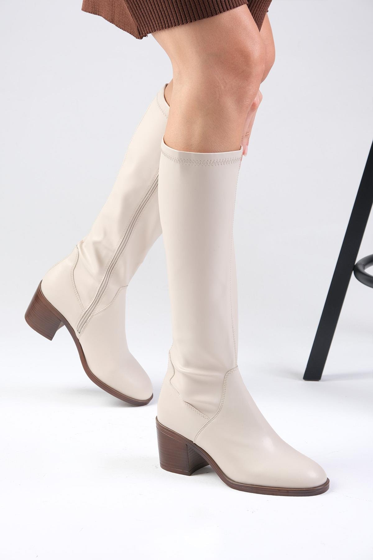 Armande Ten Renk Kalın Topuklu Streç Çizme-ÇİZME-Mio Gusto-01567NUC