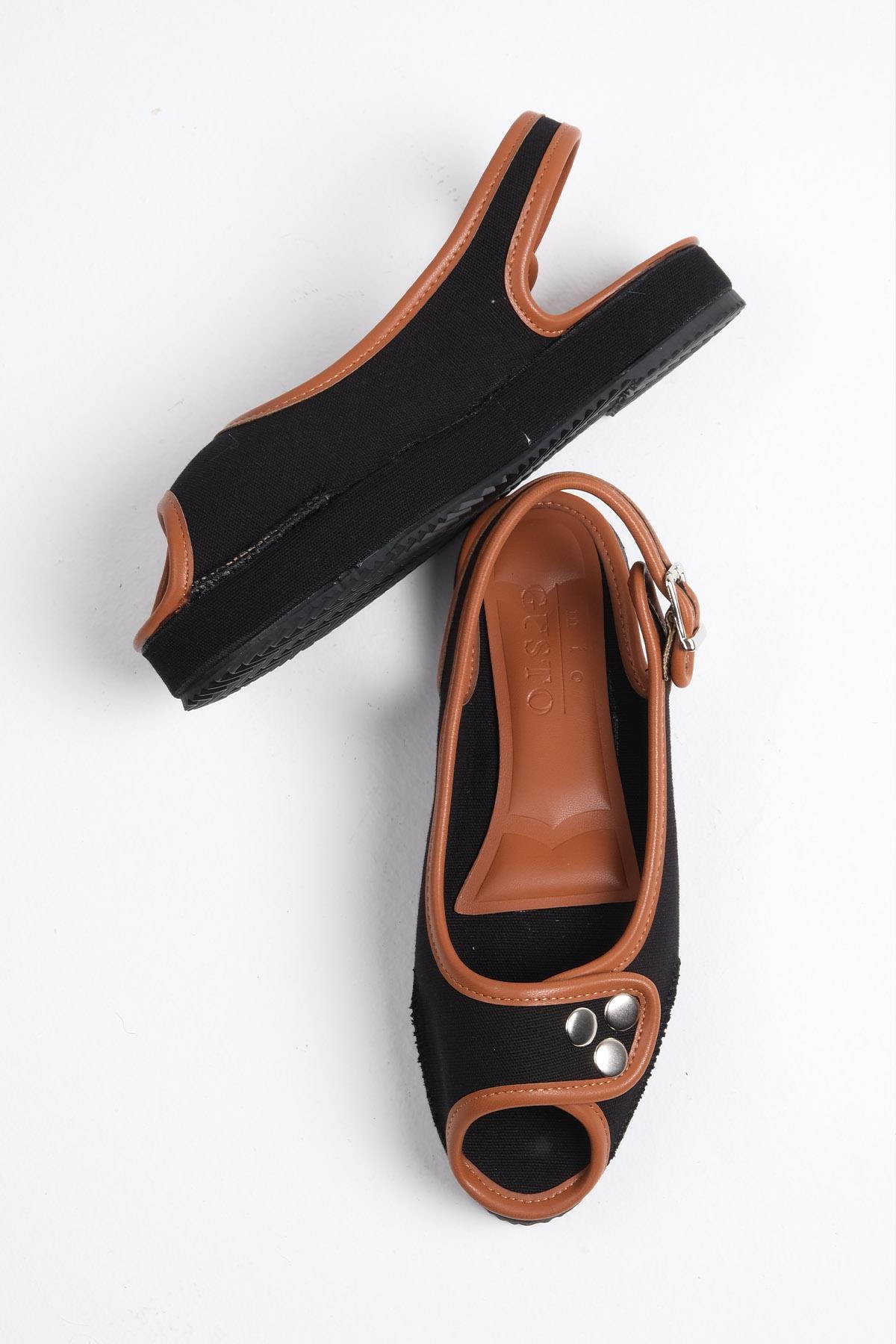 Arwen Siyah Keten Kumaş Dolgu Tabanlı Sandalet-SANDALET-Mio Gusto-05640BLK