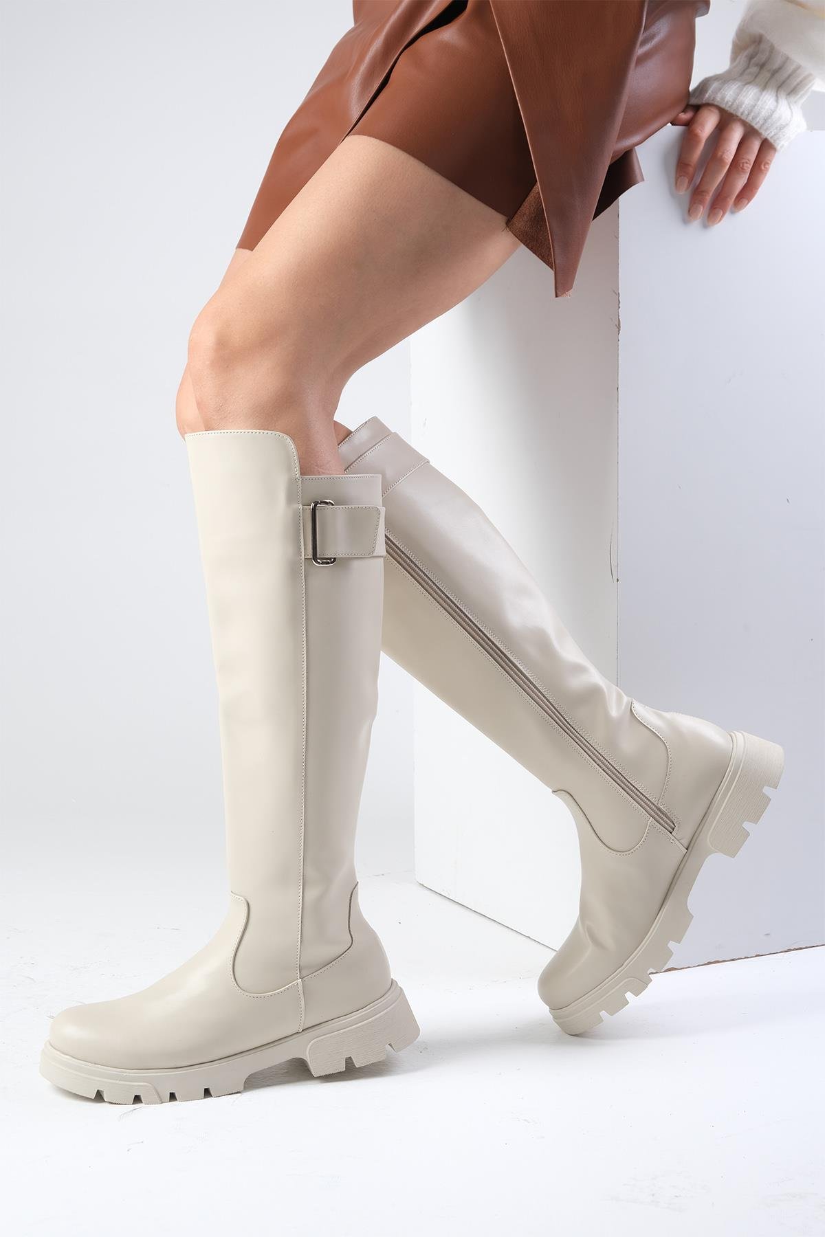 Arya Bej Renk Fermuarlı Postal Çizme-ÇİZME-Mio Gusto-01496BEC