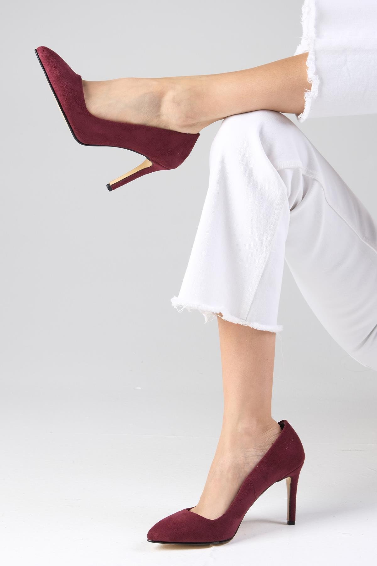 Basic Bordo Renk Süet Stiletto-Yüksek Topuklu-Mio Gusto-09033WRS