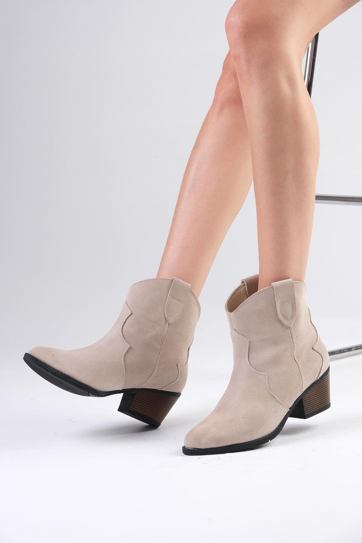 Becky Hakiki Süet Bej Renk Western Bot-Kalın Topuk-Mio Gusto-05807BES