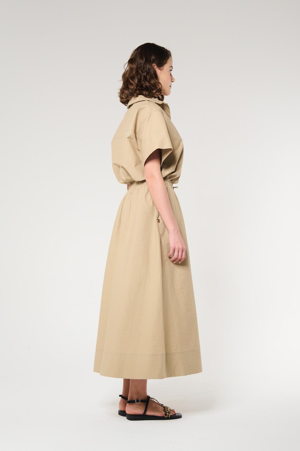 Bej Renk Beli Lastikli Midi Boy Etek