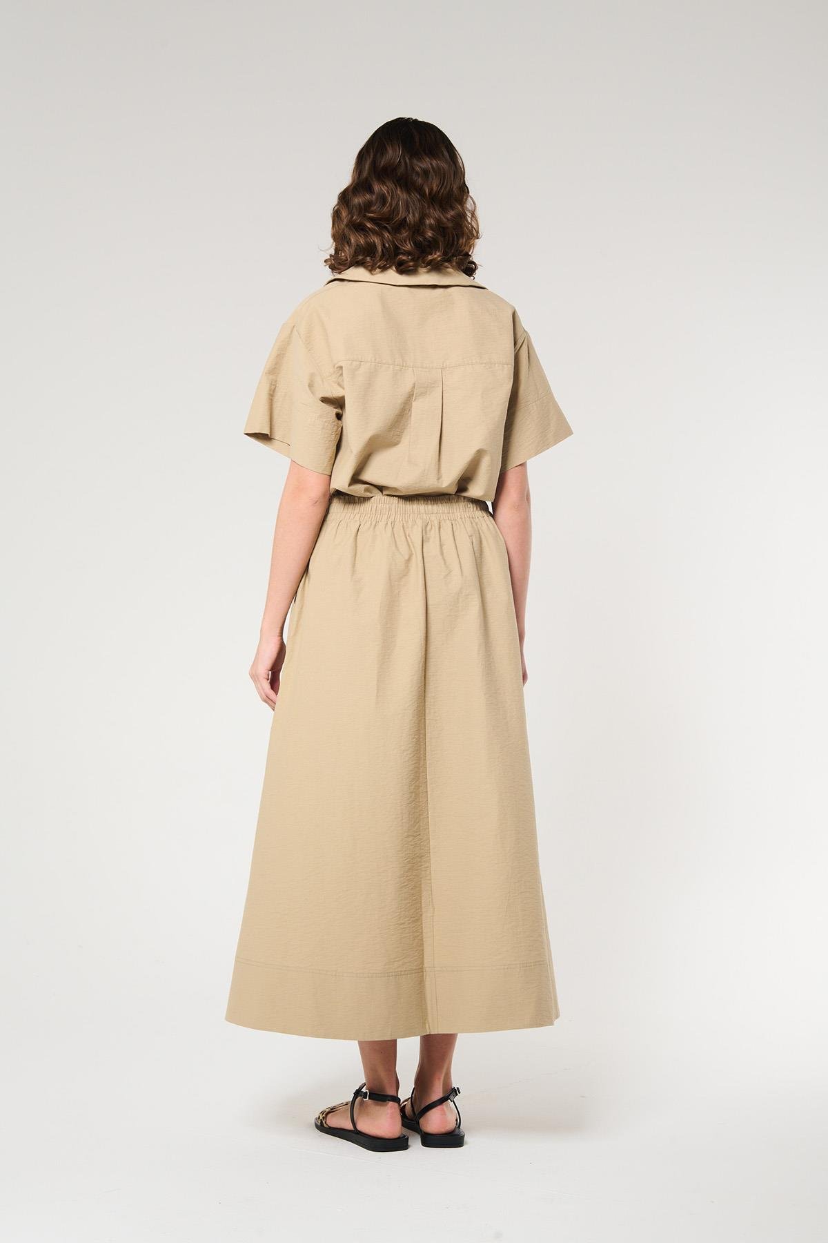 Bej Renk Beli Lastikli Midi Boy Etek
