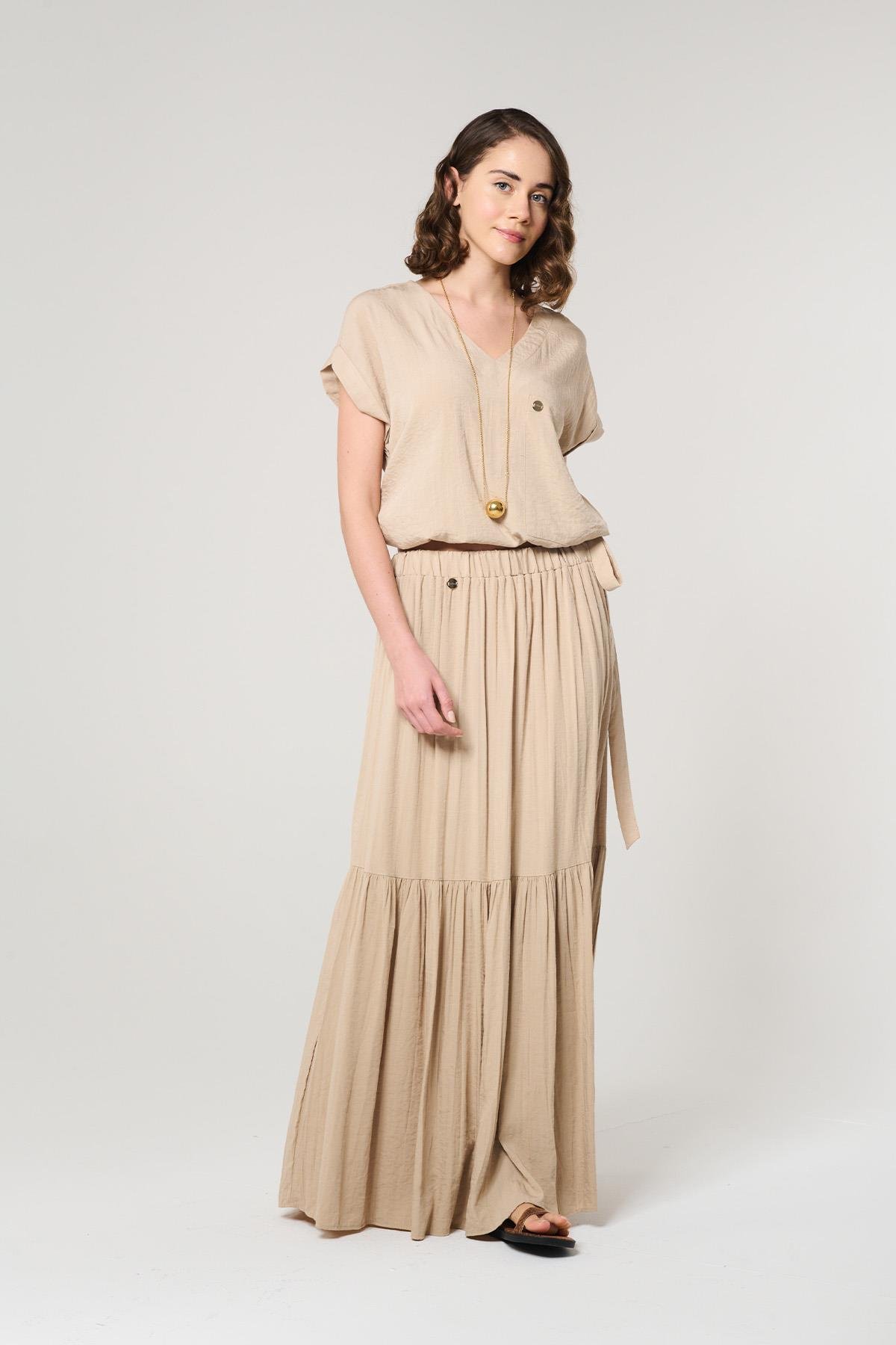 Bej Renk Kare Cepli Bluz