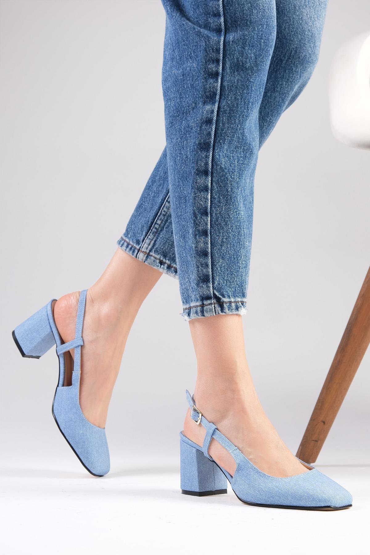 Belinda Mavi Renk Denim Kumaş Topuklu Ayakkabı-Yüksek Topuklu-Mio Gusto-02266BUK