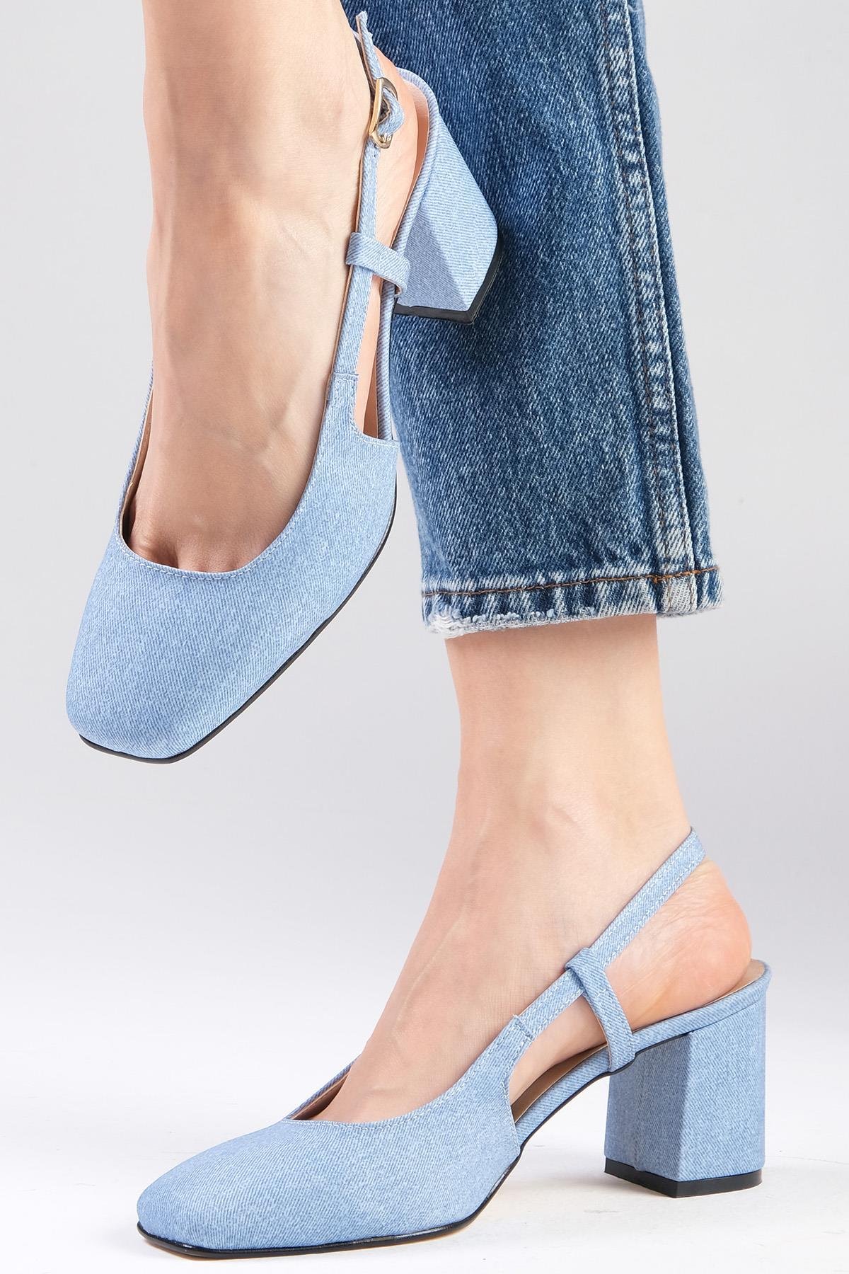 Belinda Mavi Renk Denim Kumaş Topuklu Ayakkabı-Yüksek Topuklu-Mio Gusto-02266BUK